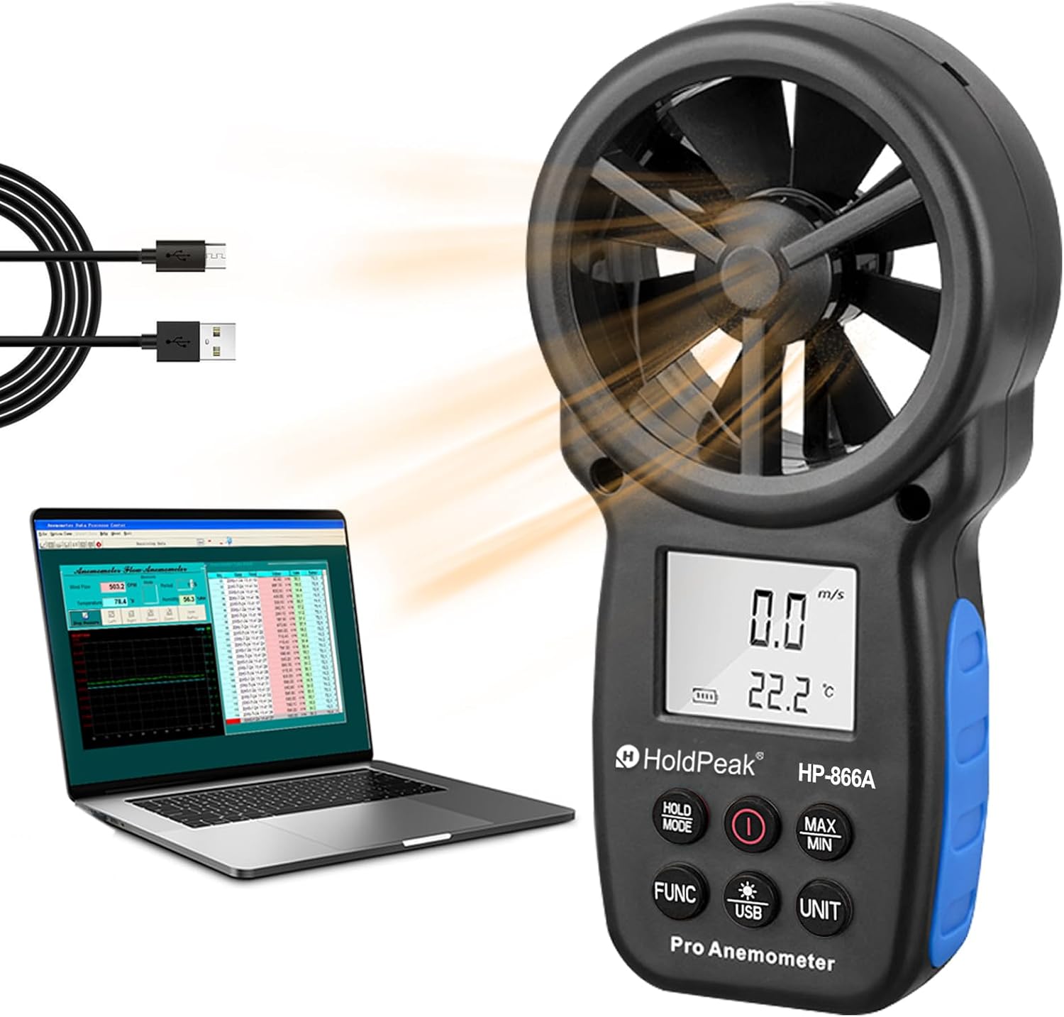 Holdpeak 866A Anemometer HVAC, Pro CFM Air Flow Meter for Wind Speed Temp Humidity Dew Point Airflow Measuring Device
