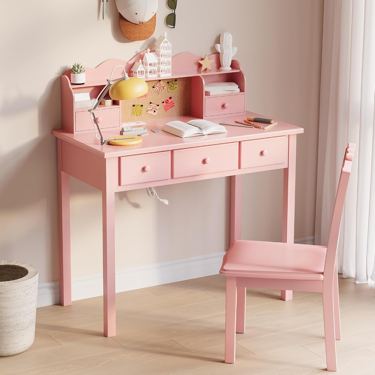 FUNKOCO Writing Desk with Hutch, 40" Small White Desk for Girls, 5 Drawers