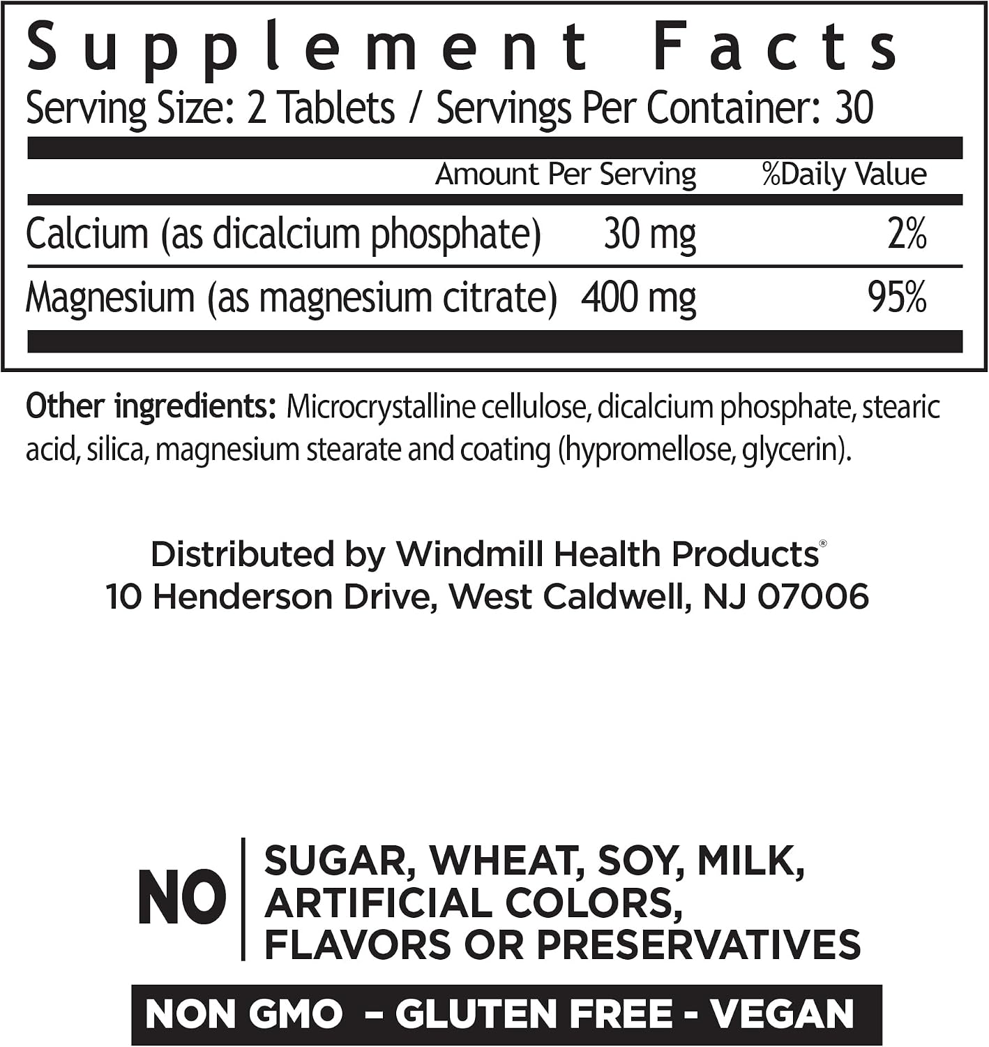 Windmill Natural Vitamins Magnesium Citrate 400 mg, Immune Support, Supports Healthy Heart, 60 Count, 30 Servings