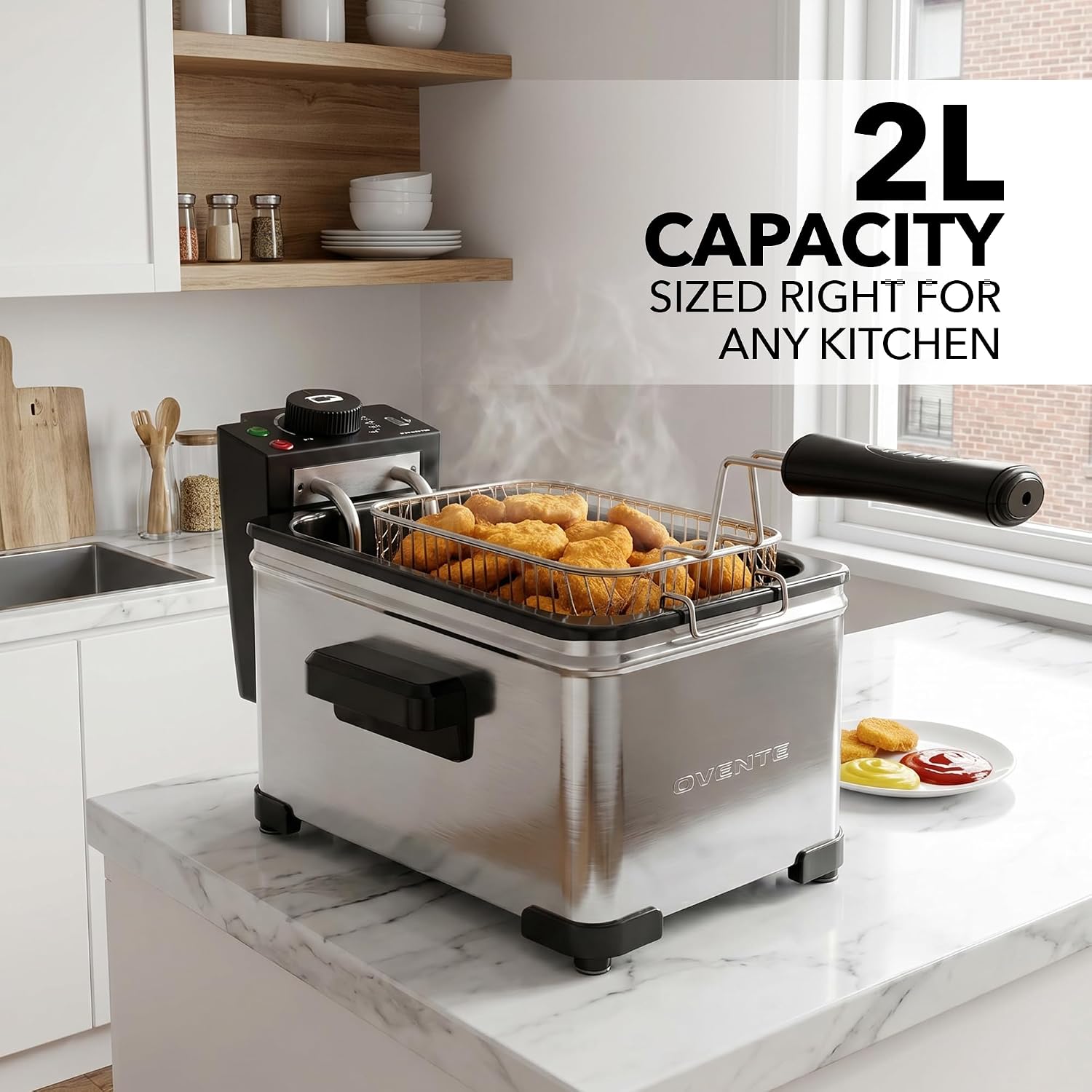 OVENTE Electric Deep Fryer, 0.9L Capacity, 840W, Silver FDM1091BR | Adjustable Temperature Knob, Locking Lid, Removable Frying Basket and Cool Touch Handle, Easy to Clean Stainless Steel Body