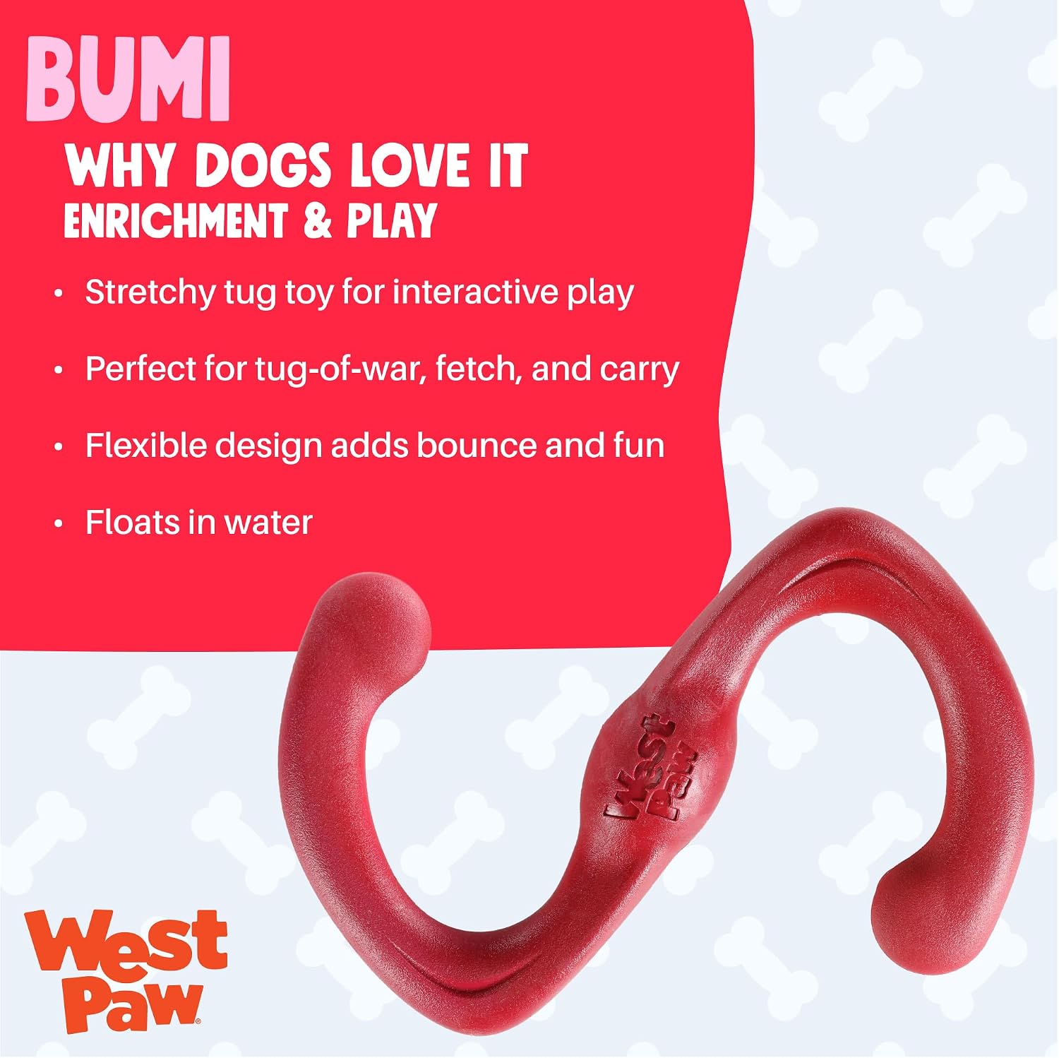 WEST PAW Zogoflex Bumi Dog Tug Toy – S-Shaped, Lightweight Chew Toys for Fetch, Play, Pet Exercise – Tug of War Soft Flinging Squishy Chewy Toy for Dogs – Guaranteed, Latex-Free, Small 8", Aqua Blue