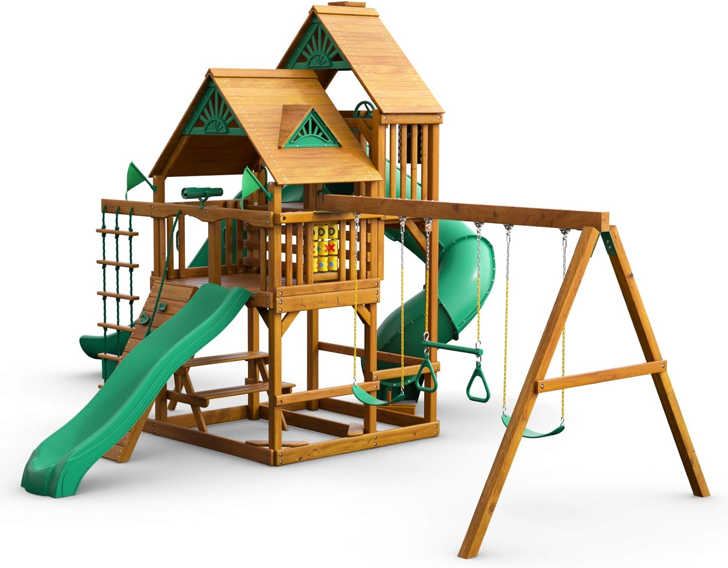 Gorilla Playsets 01-0031-AP Great Skye II Wood Swing Set with Wood Roof, 3 Slides, and Rock Wall, Brown