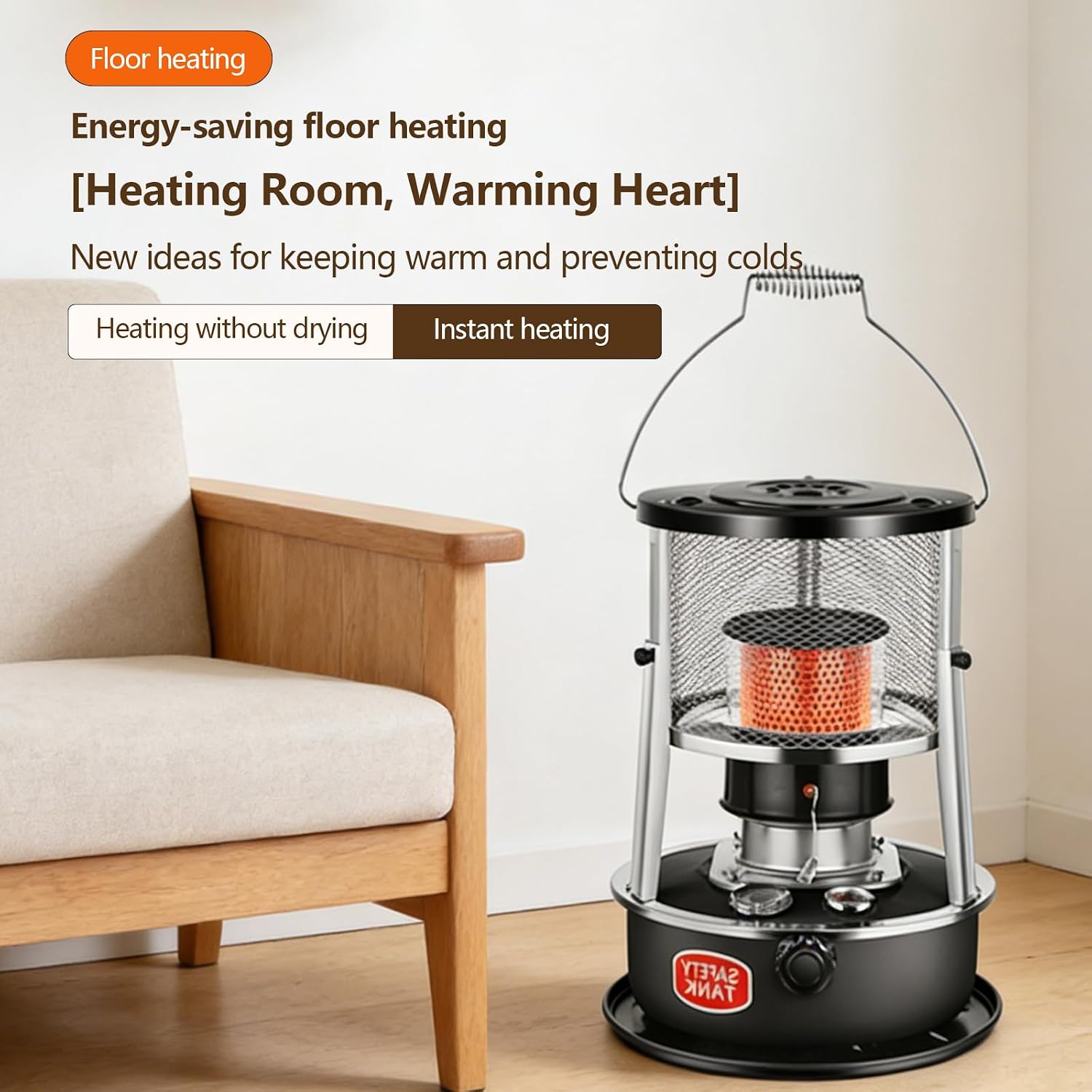 Portable Kerosene Heater, Adjustable Height 5.2L 20-25 Hours Heat 2.6KW Output for Garage Camping Emergency, with Safety Net and Accessories