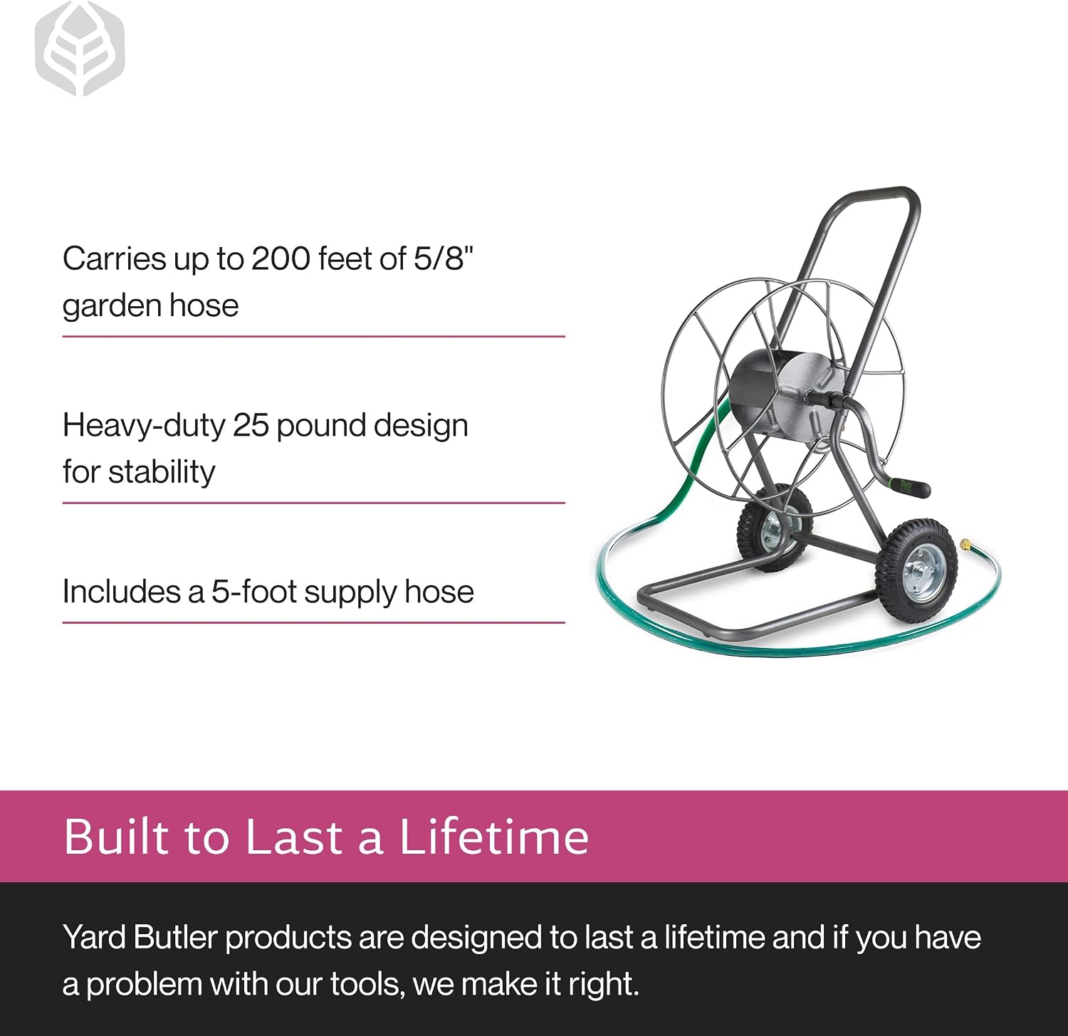 Yard Butler Hose Cart, Metal Hose Caddy, 2 Wheels, 200 Feet | Wheeled Metal Hose Cart Caddy, Suitable for Gardens, Lawns, Fields, and Outdoors, Durable Construction