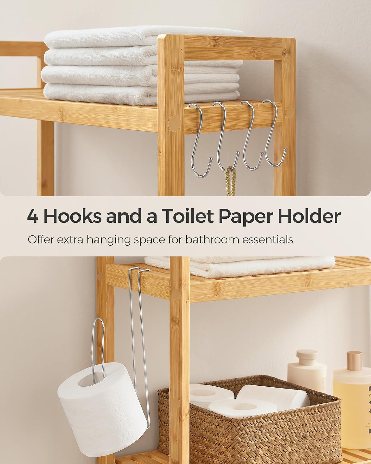 SONGMICS Over The Toilet Storage, 3-Tier Over Toilet Bathroom Organizer with Adjustable Shelf, 10.2 x 24.8 x 66.9 Inches, Space-Saving, Cloud White UBTS01WT