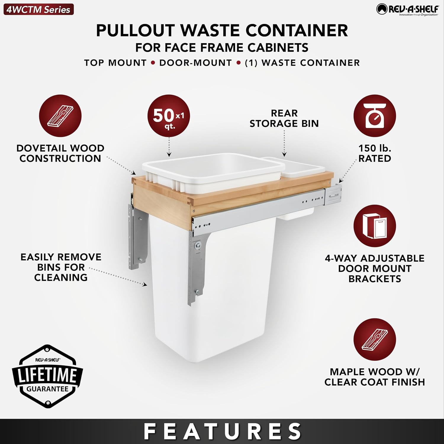 Rev-A-Shelf - 4WCTM-1550DM-1 - Single 50 Qt. Pull-Out Top Mount Wood and White Waste Container for 1-1/2 in. Face Frame Cabinet
