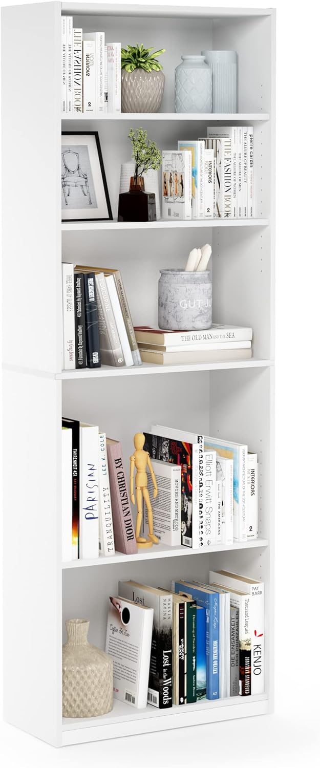 Furinno Jaya Book Shelf, 5-Tier Bookshelf, Bookcase with Adjustable Shelves, 9.5 x 24.5 x 71.2, for Organization and Storage, for Living Room, Bedroom