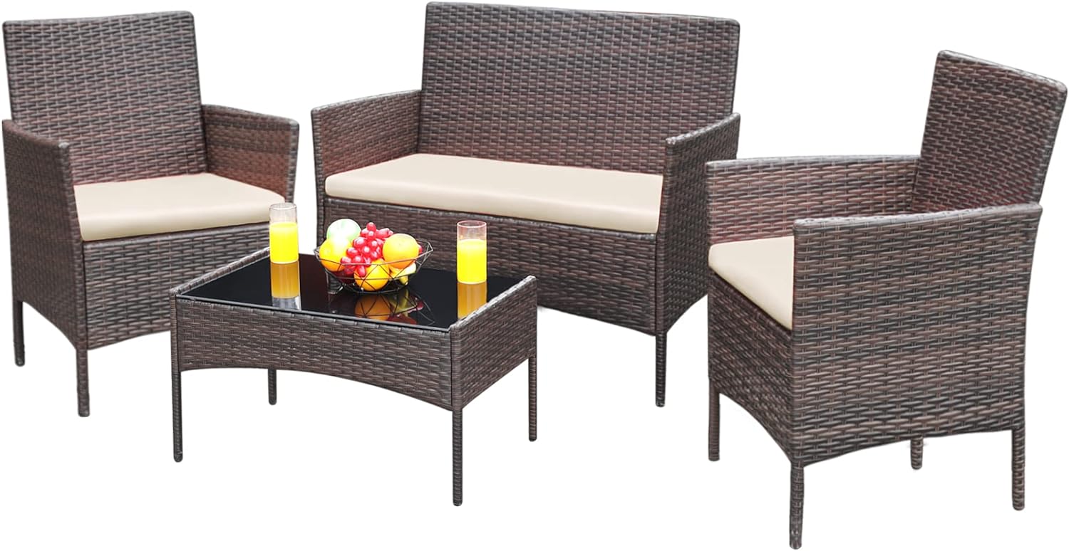 Greesum Patio Furniture 4 Pieces Conversation Sets,Brown and Beige