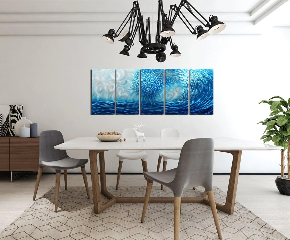 Yihui Arts Handcrafted 3D Metal Wall Art - Ocean Wave Sculpture, 5 - Panel Aluminum Decor for Living Room, Bedroom & Office