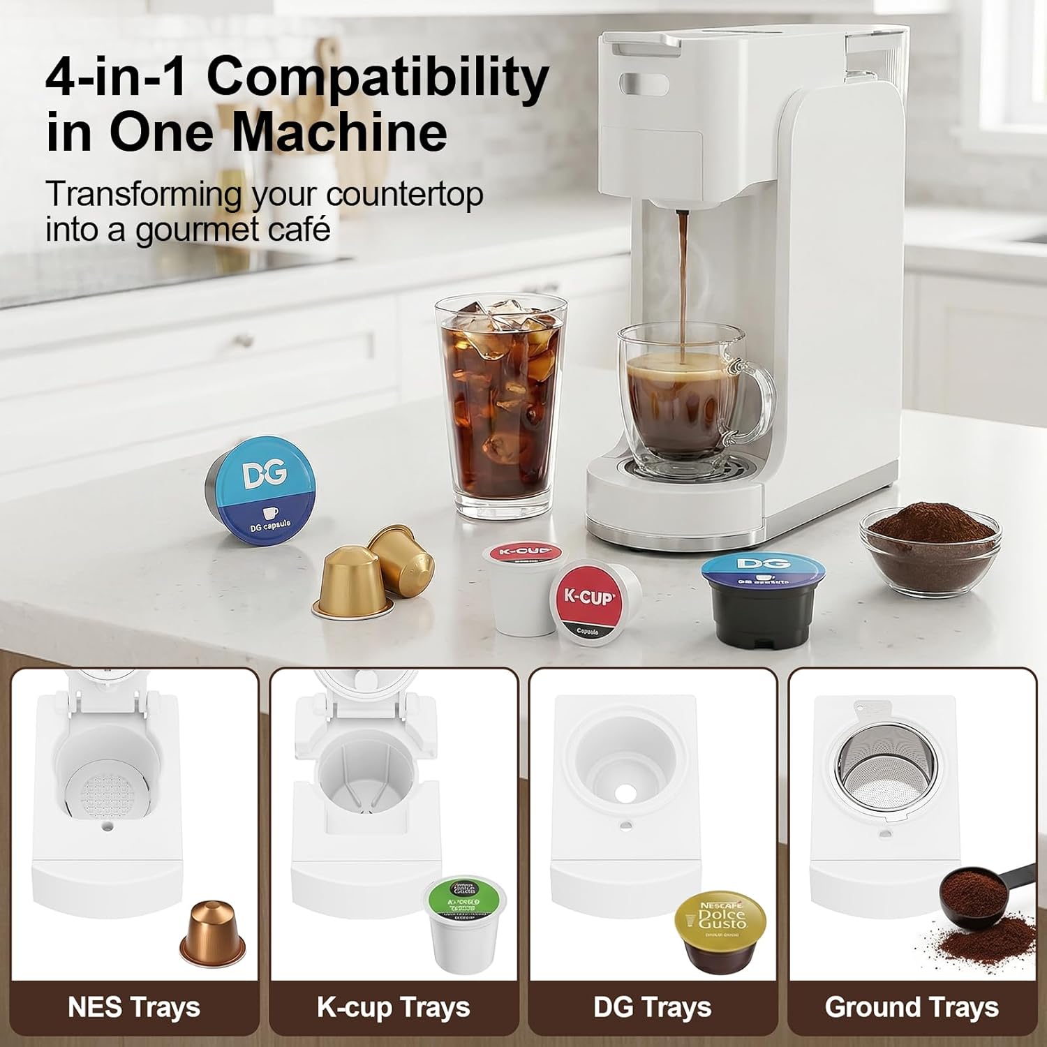 Single-Serve Coffee Maker, 4 in 1 Hot and Iced Coffee Machine, 20-Bar Espresso Coffee Maker for Ground Coffee, K-Cup Pod, NES Original and DG Pod