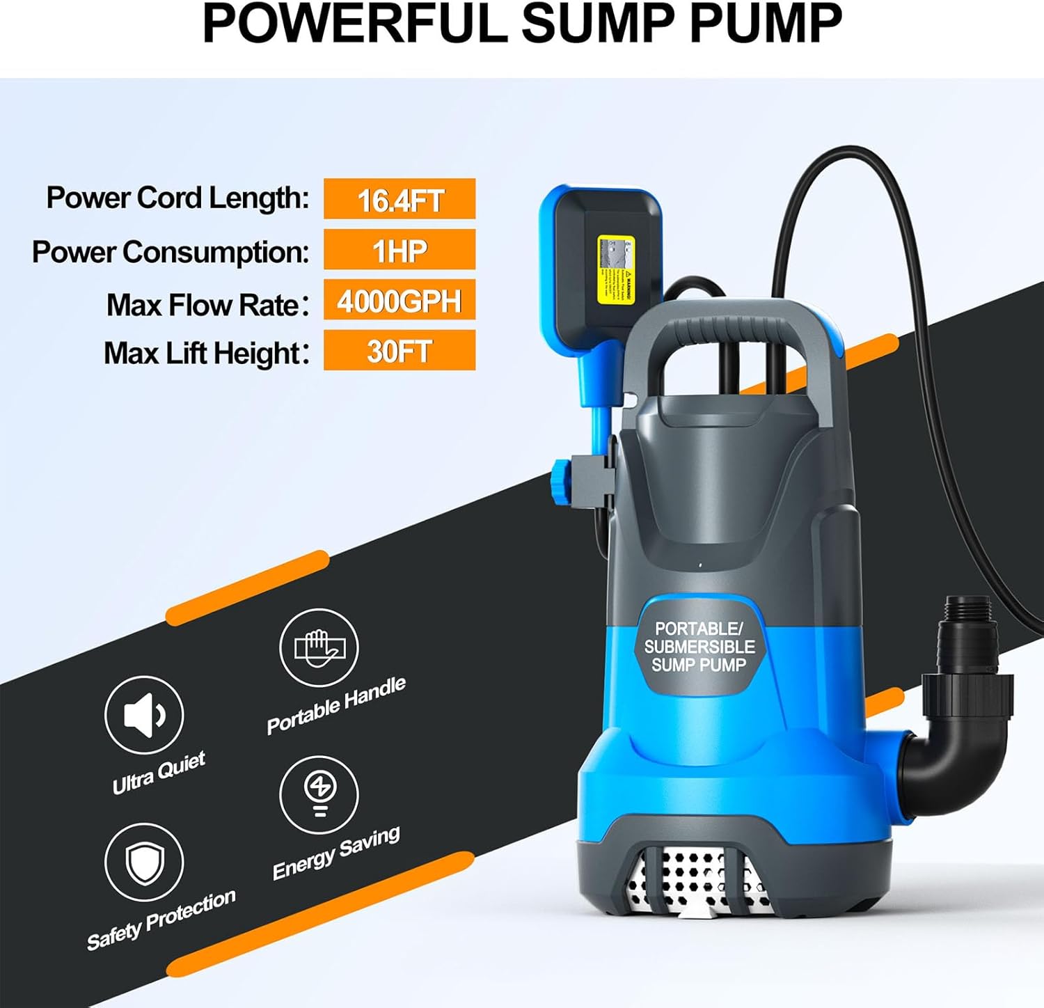 Submersible Water Automatic Sump Pump 1HP Clean/Dirty Water Removal Pump 4000PGH With Float Switch Electric Portable Transfer Water Pump for