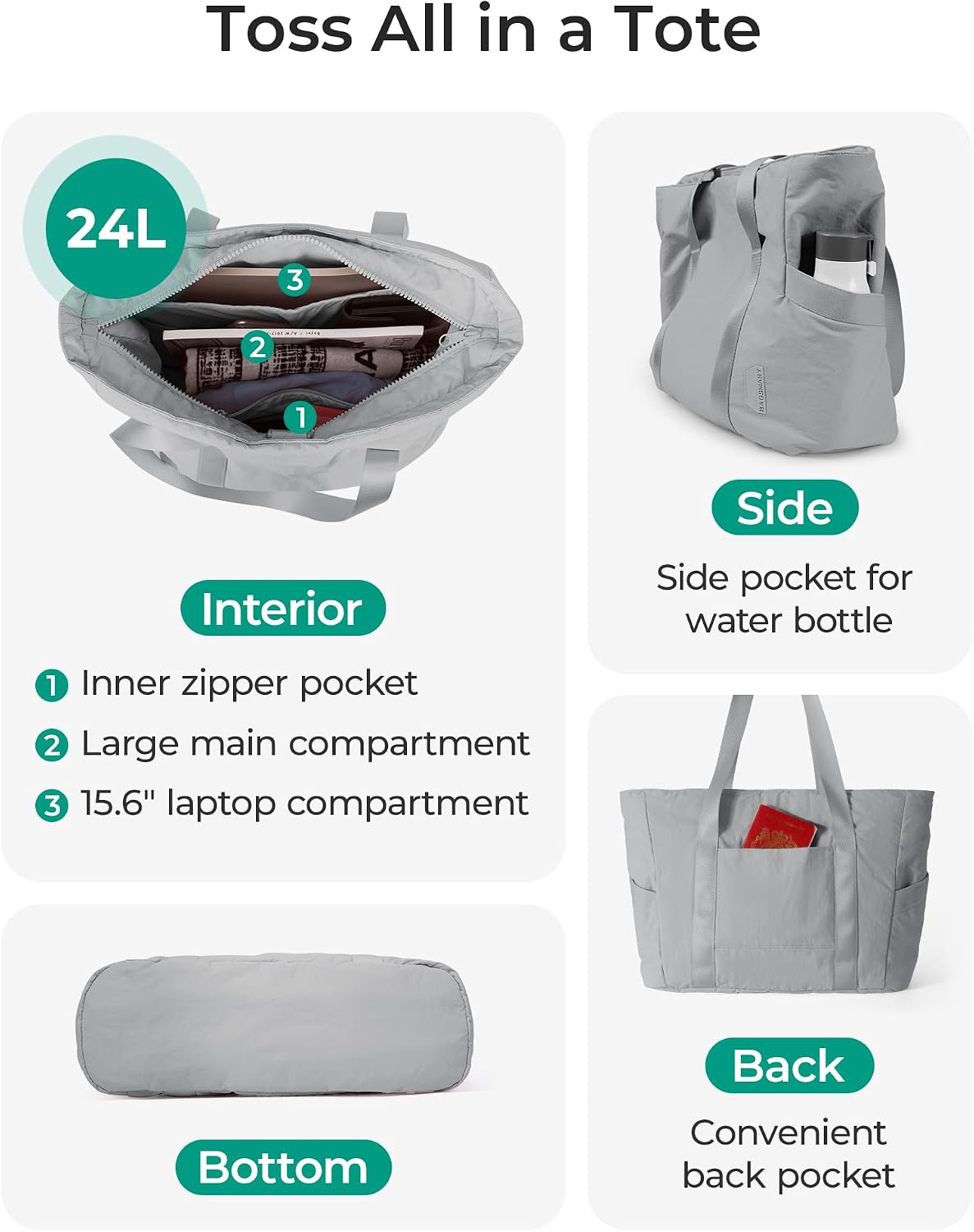 BAGSMART Gym Tote Bag for Women, 24L/28L Travel Tote Yoga Mat Bag