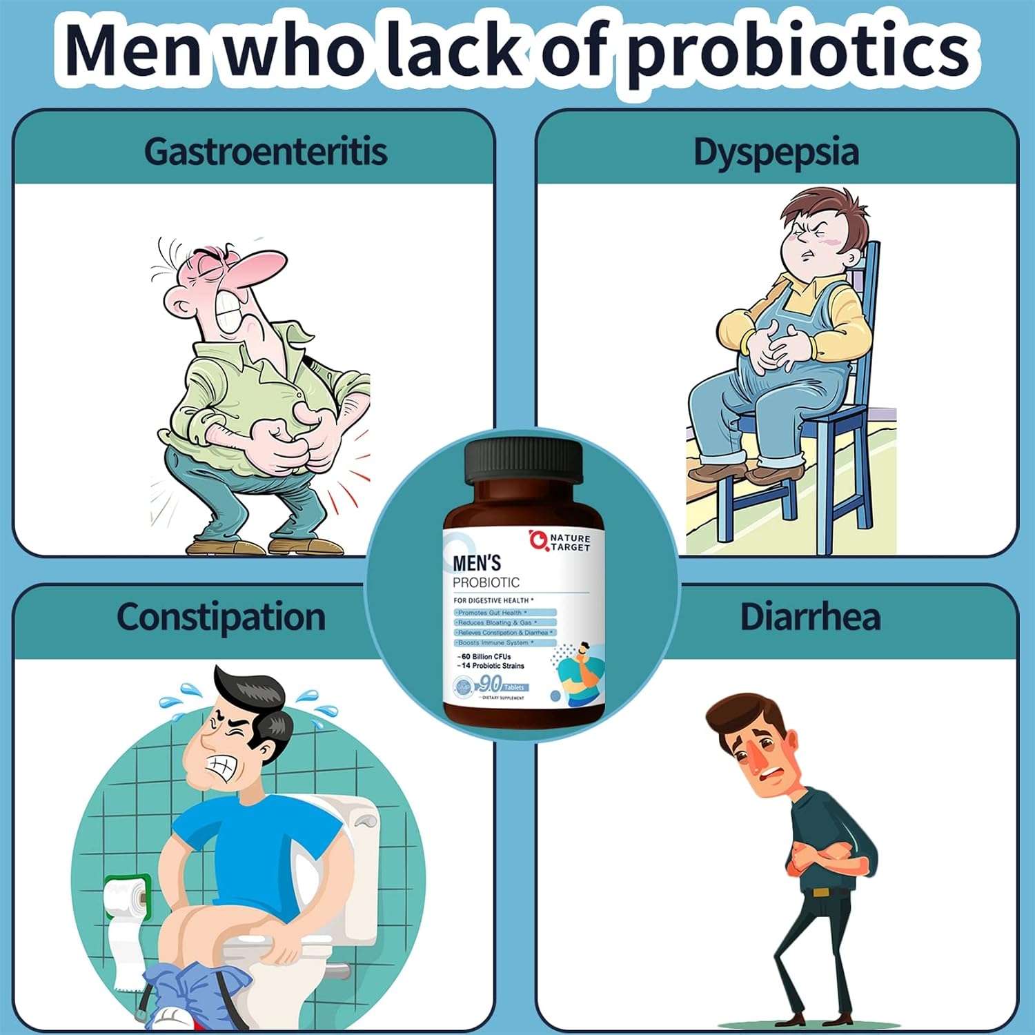 NATURE TARGET Probiotics for Men, 60 Billion CFU, 90 Veggie Tablets