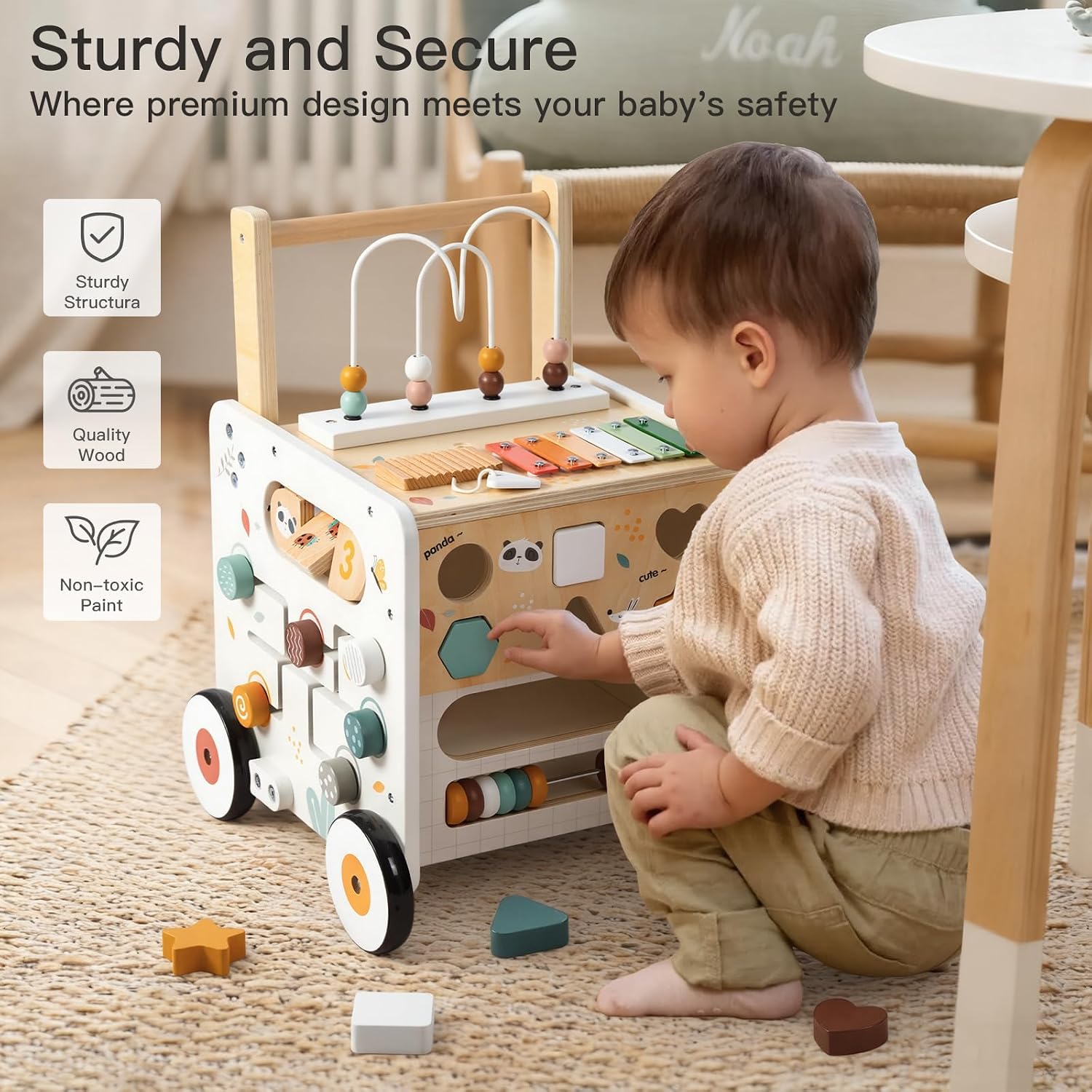 Wooden Baby Walker, Activity Cube Push Walker for Boys and Girls, Toddler Montessori Learning to Walk Toy with Adjustable Speed