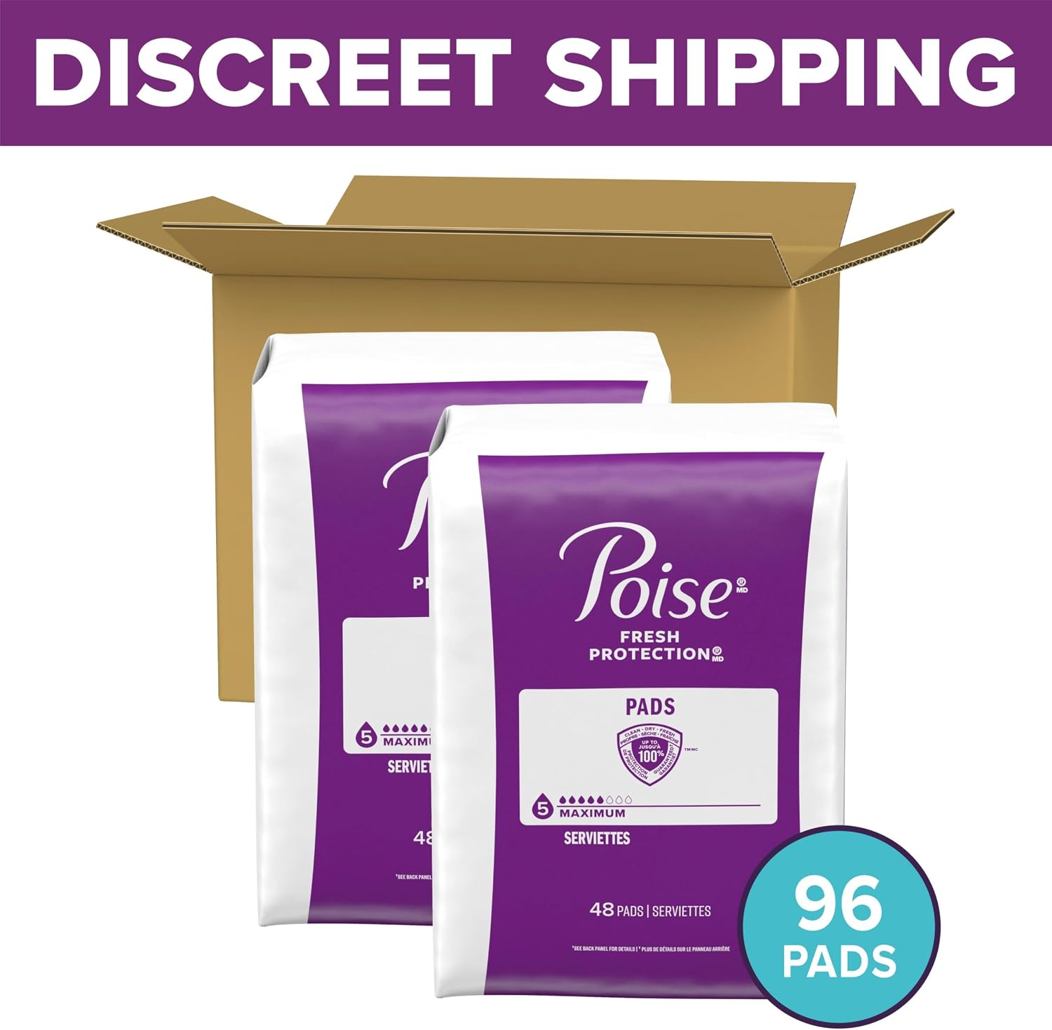 Poise Incontinence & Postpartum Pads for Bladder Leaks, 5 Drop Maximum Absorbency, Regular Length, 96 Count, Packaging May Vary