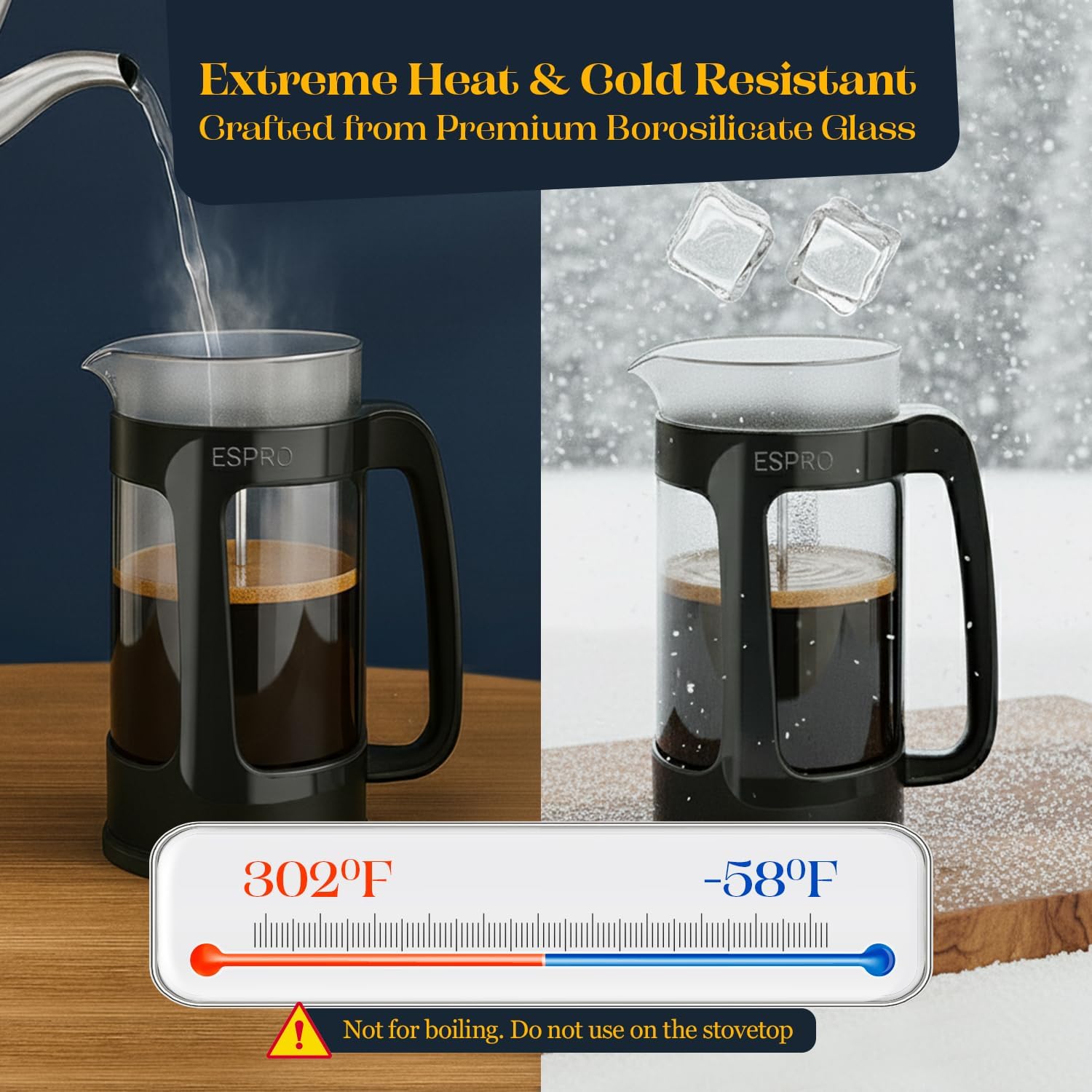 ESPRO P3 French Press Coffee Maker, 32oz, Black, Double Micro Filter Press | Grit-Free Coffee Press, Thicker Borosilicate Heat Resistant Glass french press, Tea Press, Easy Coffee Brewer, Tea Brewer