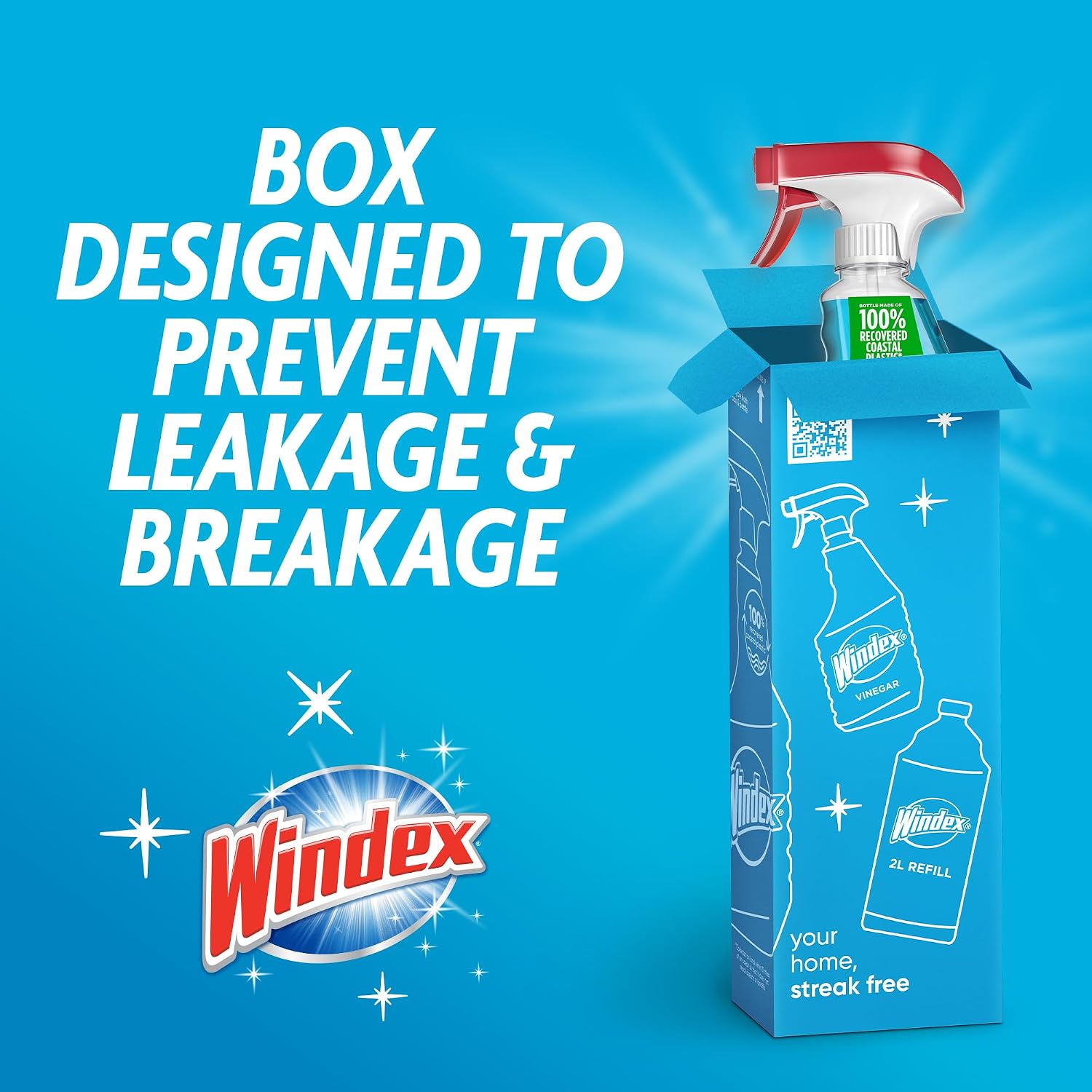 Windex refill glass and window cleaner, made from 100% recycled plastic, surface cleaning spray, original blue scent, 2L (67.6 fl oz)