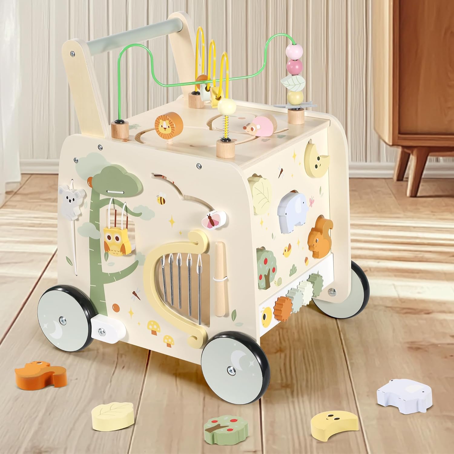 Pithfor Wooden Activity Cube Push Walker, Wooden Baby Walker, Montessori Push Toys for Babies Learning to Walk & Sit-to-Stand