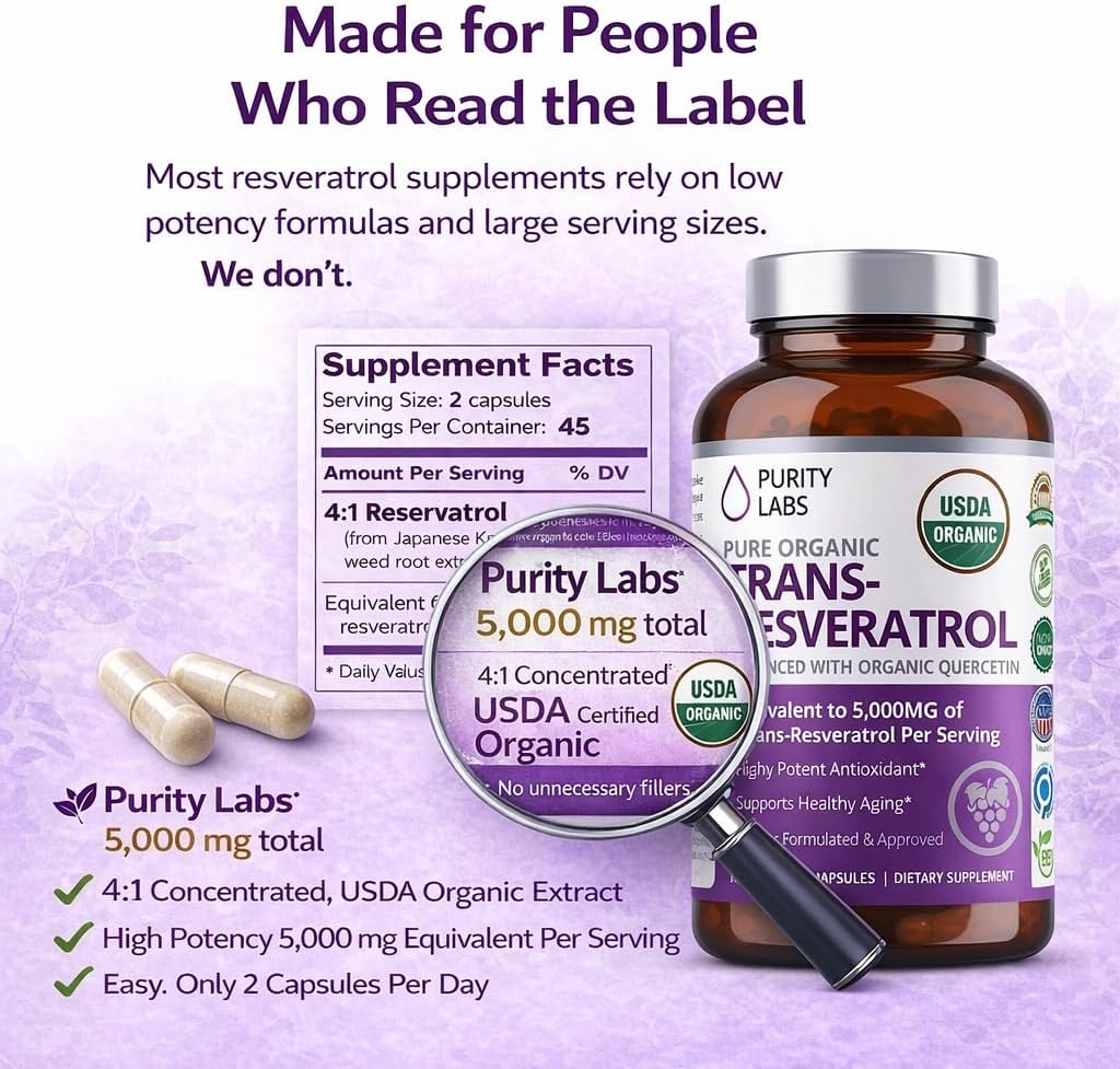 Purity Labs Trans-Resveratrol Supplement 5, 000 mg Equivalent per Serving with Quercetin, USDA Organic High Potency Antioxidant, Vegan Capsules