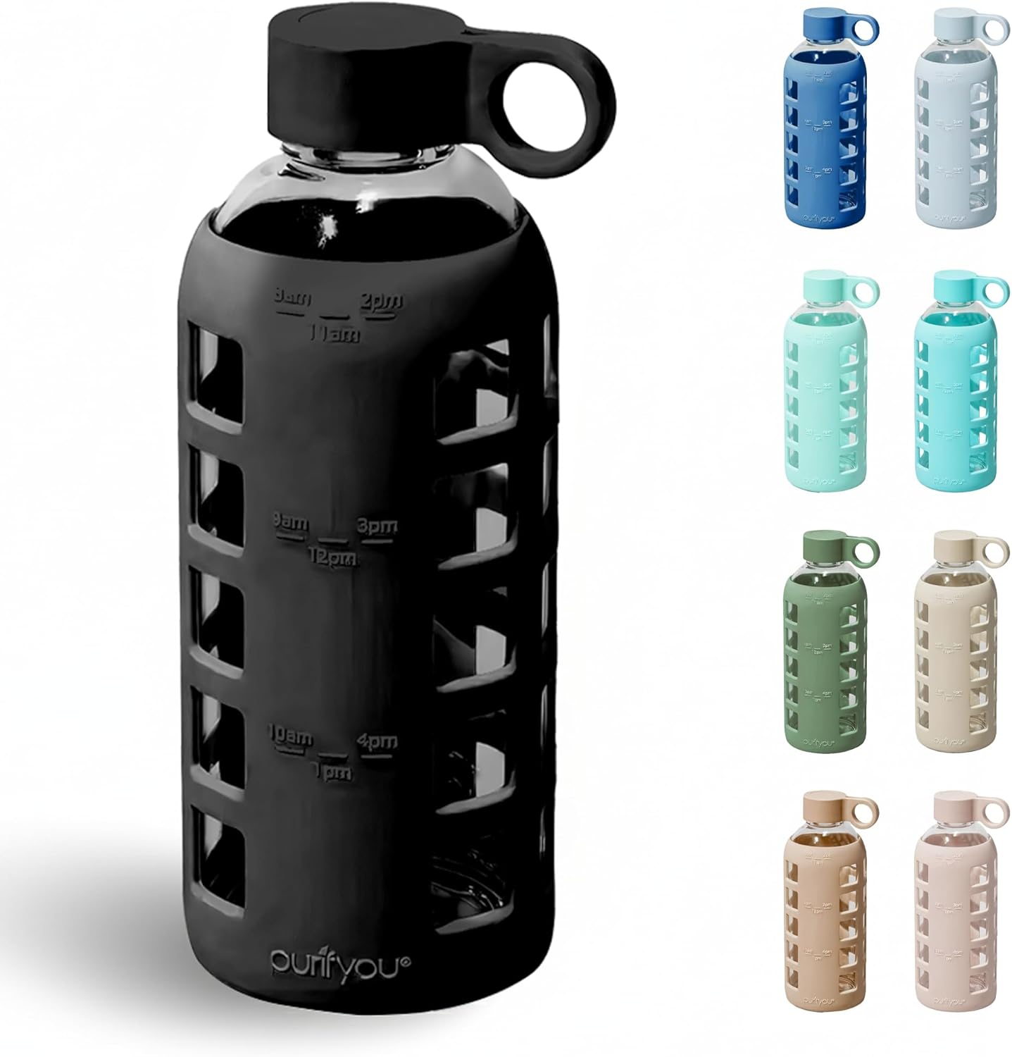purifyou 40oz / 32oz / 22oz / 12oz Borosilicate Glass Water Bottle with Time & Volume Markers, Silicone Sleeve