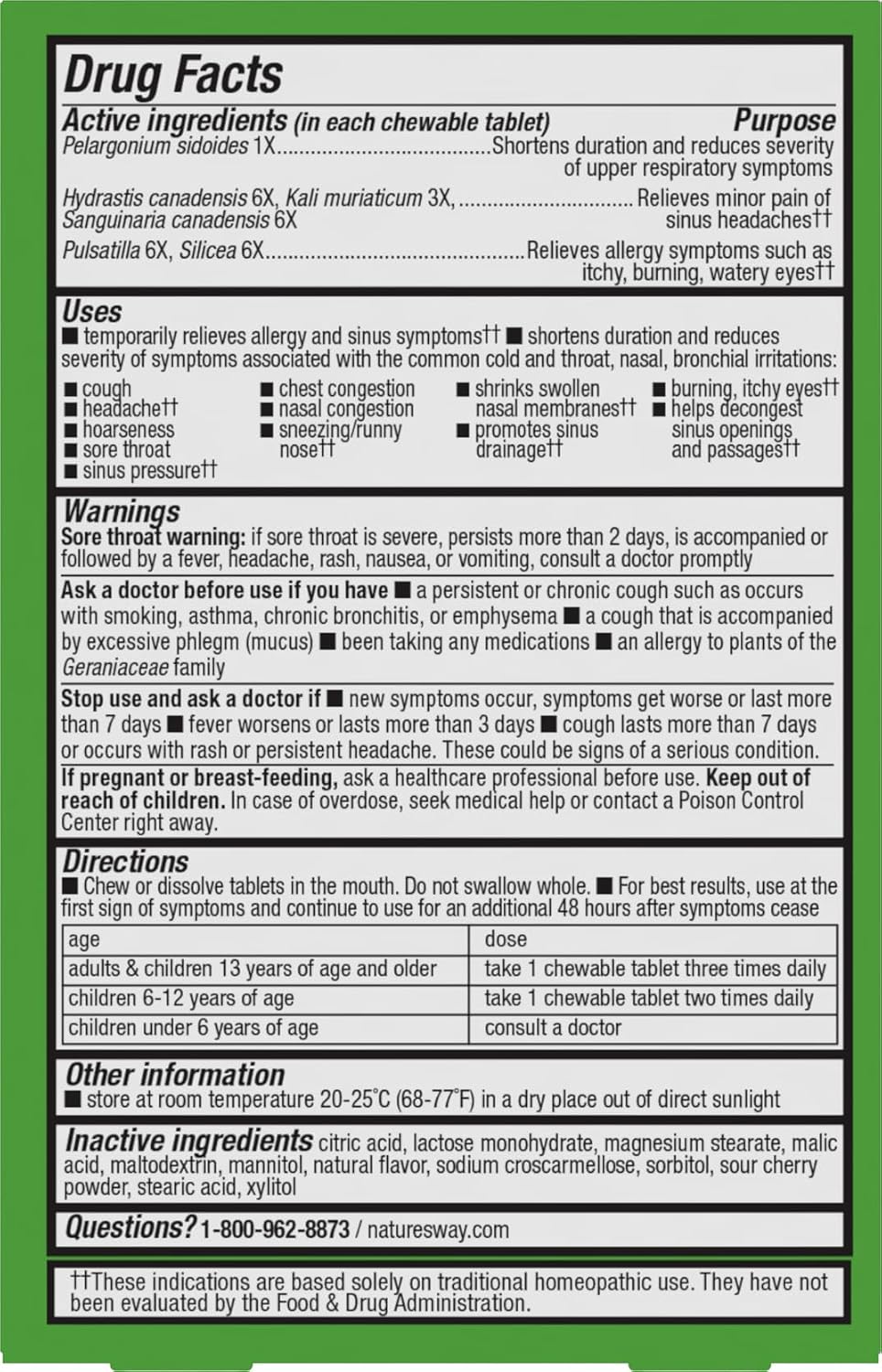 Nature's Way Umcka Allergy & Sinus Relief Chewables, Cherry, 20 ct | Non-Drowsy, Homeopathic, Allergy Relief for Sinus Pressure, Congestion