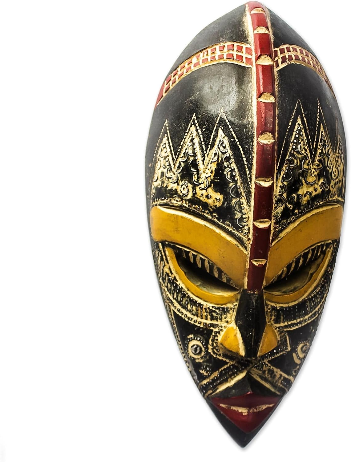 NOVICA Light Brown Handcrafted Nigerian Wood Wall Mask with Aluminum Accents, 'King's Companion'