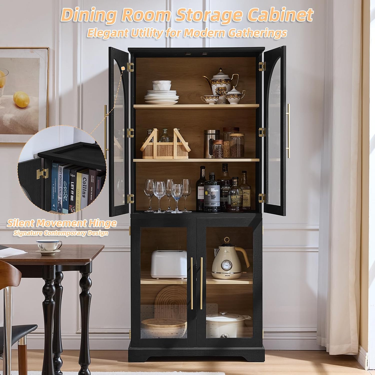 Joaxswe 72" Tall Bookshelf with 4 Curved Glass Doors, Farmhouse Bookcase with 3-Tier Adjustable Shelves, Modern Living Room Display Cabinet, Large Storage Cabinet for Home Office,Dining Room, Natural