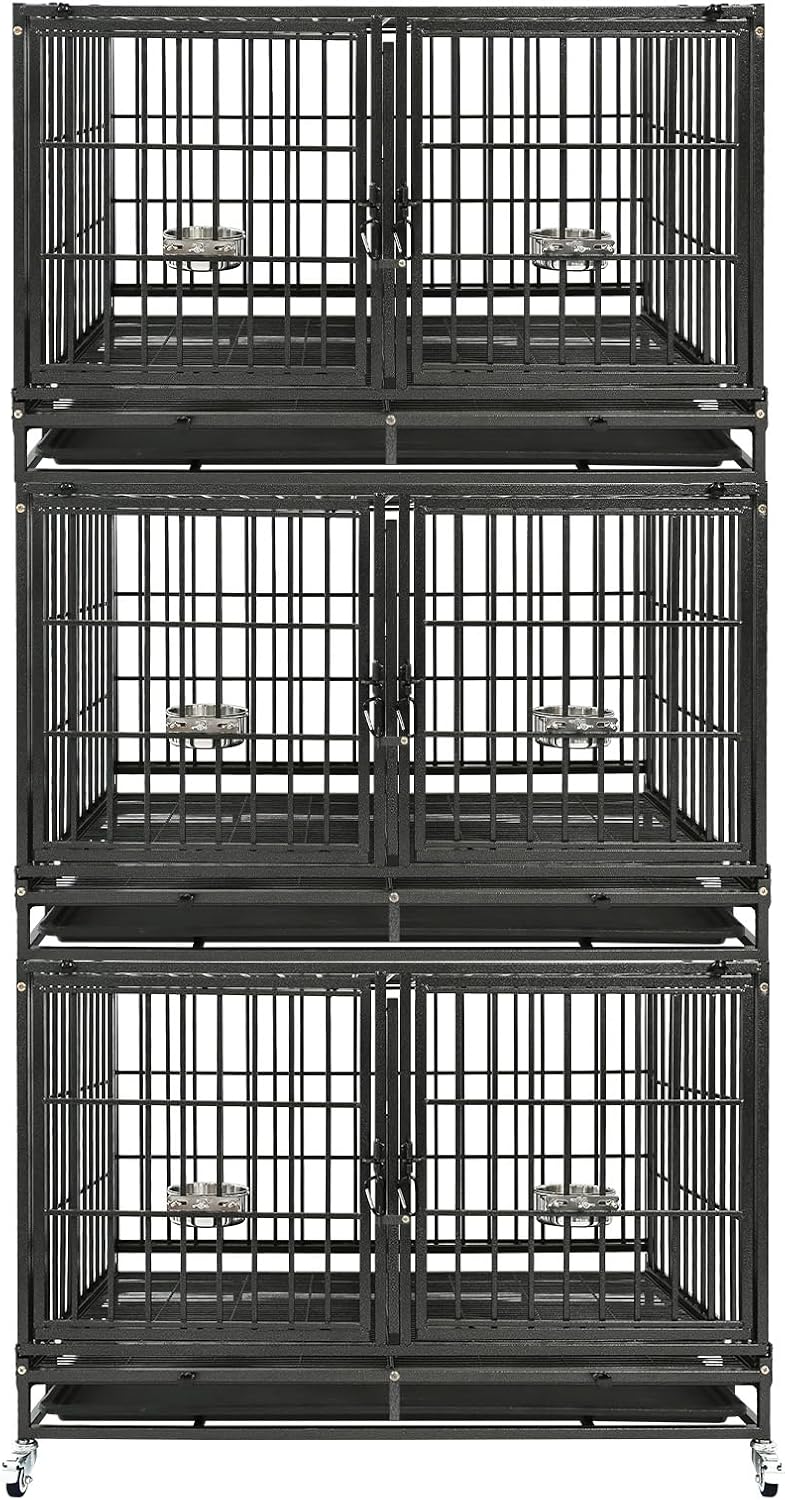 Homey Pet Three Tiers 43 inch Heavy Duty Dog Crate with Wheels, Dual Doors | Stackable Indestructible Steel Dog Cage Kennel Indoor with Divider, Trays, Bowls, Escape Proof Locks for Breeders and More