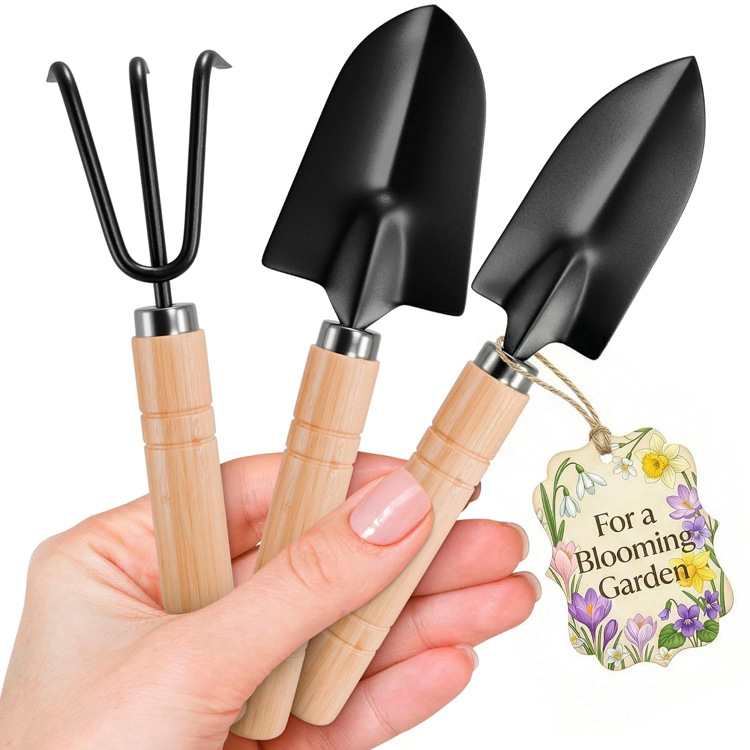 3 Pcs Mini Garden Tools, Shovel, Rake, Wooden Handles, Steel Heads | Small Gardening Tools Set, Tiny Trowel for Transplanting, Repotting and Planting, for Indoor Plants, Succulents and Bonsai