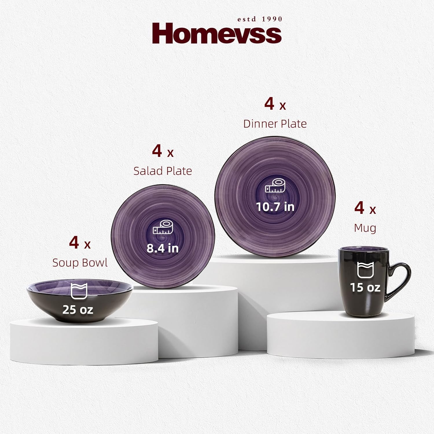 HomeVss, Sonoma Stoneware Dinnerware Set, Outside Black + Inside Hand Painting Color (16pc Set, Grey)