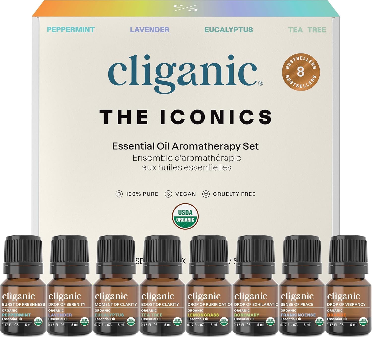 Cliganic Organic Aromatherapy Essential Oils Gift Set (Top 8 - The Iconics), 100% Pure - Peppermint, Lavender, Eucalyptus, Tea Tree, Lemongrass