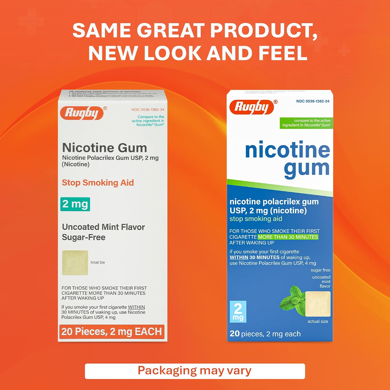 Rugby Polacrilex 2mg Nicotine Gum, Uncoated Mint Flavor, 20 Count (1-Pack) | Sugar-Free Stop Smoking Aid