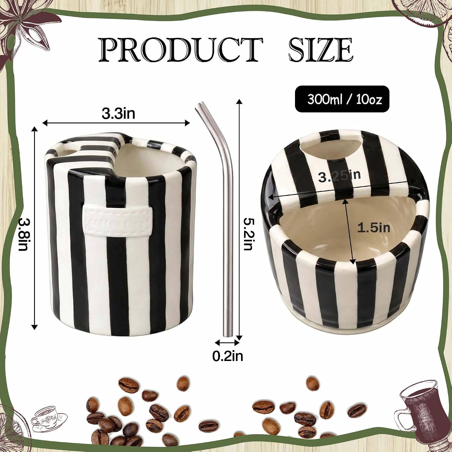 Ceramic Coffee Mugs 10 oz Retro Striped Coffee Mug No Handle with Straw | Porcelain Coffee Cups Hand-Painted Striped Art