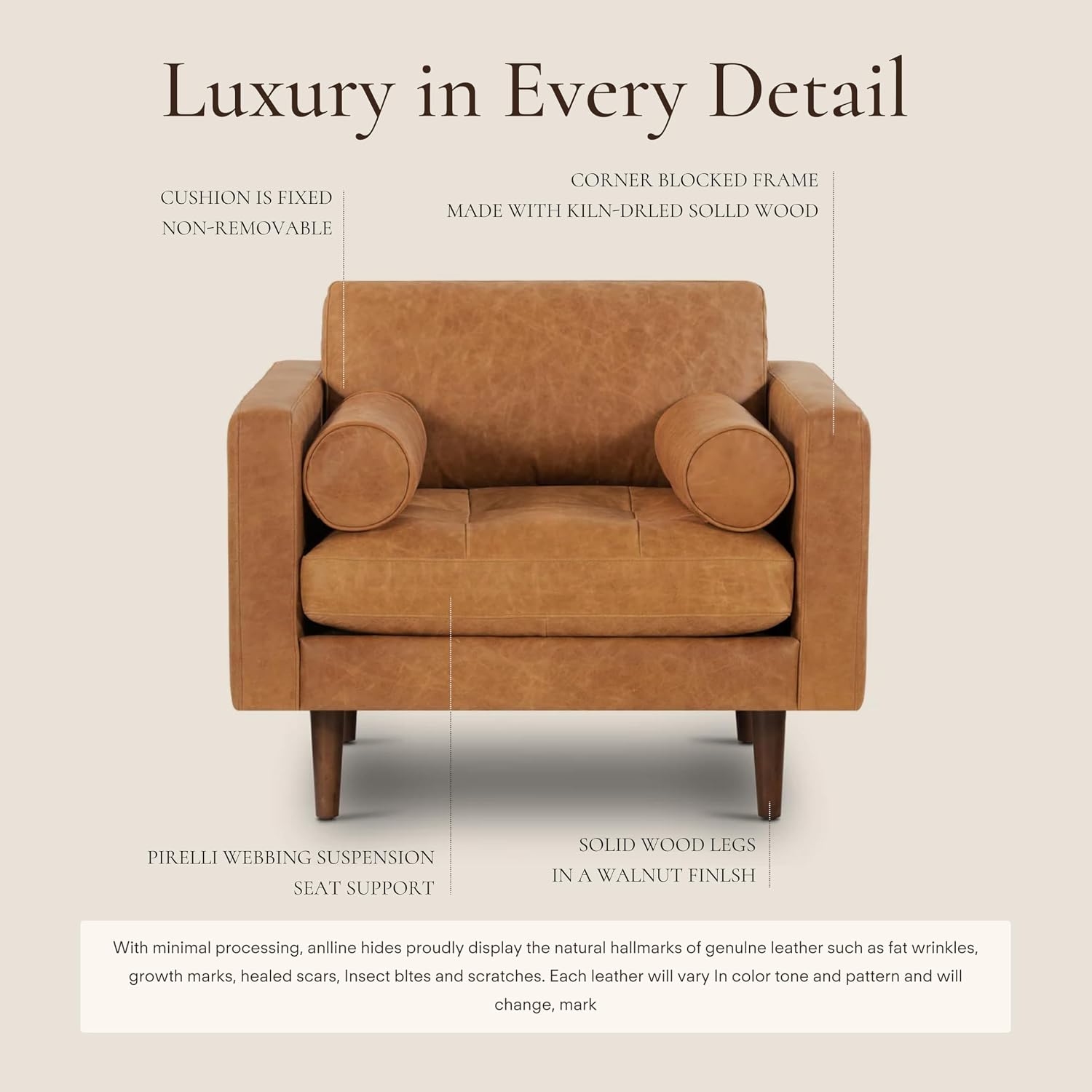 Poly & BARK 55" Tufted Leather Bed Bench for Bedroom End of Bed - Living Room Entry Way Bench - Pure Italian Leather Upholstery with a Solid Wood Frame - Ottoman Bench with Wooden Legs - Cognac Tan
