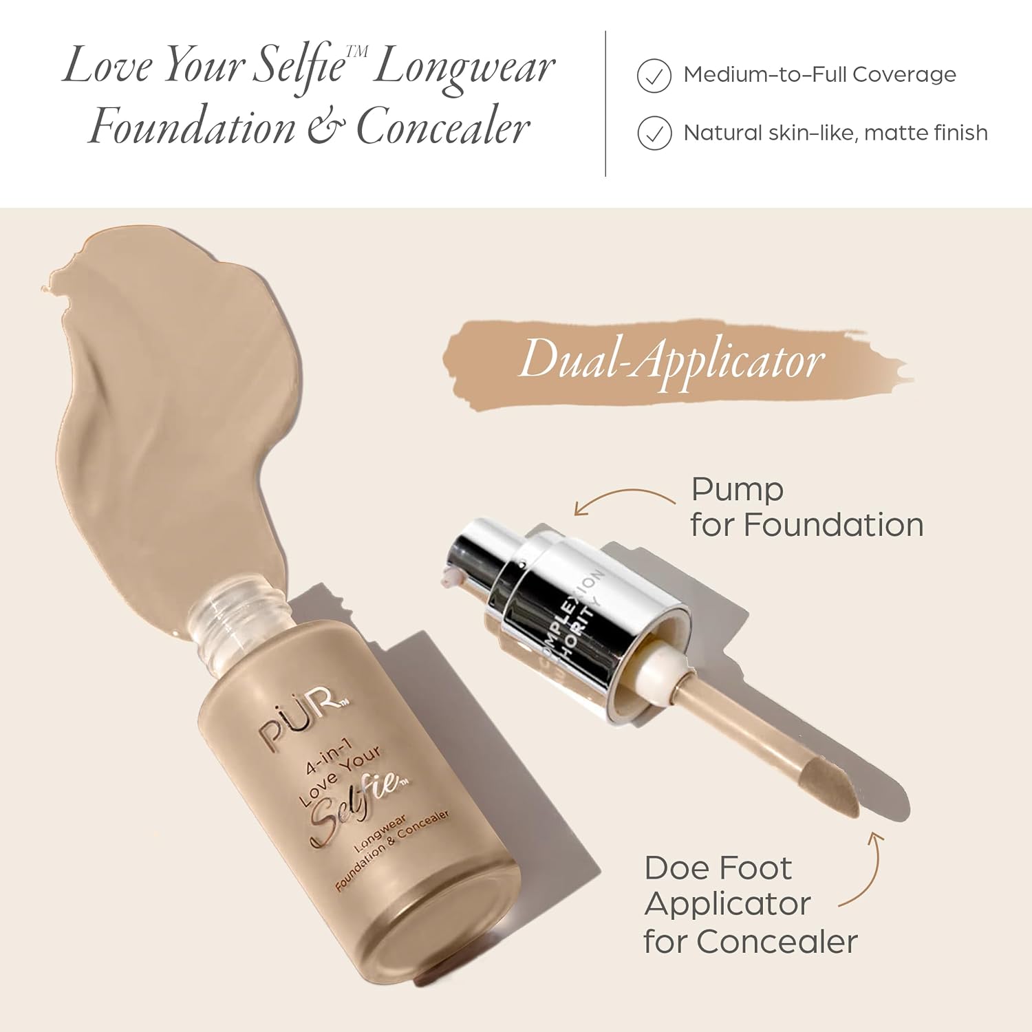 PÜR MINERALS 4-in-1 Love Your Selfie Foundation & Concealer - Longwear Medium-to-Full Coverage Liquid Makeup Foundation with Hydrating Blend for Refined-Looking, Natural Beauty Glow & Skin Texture