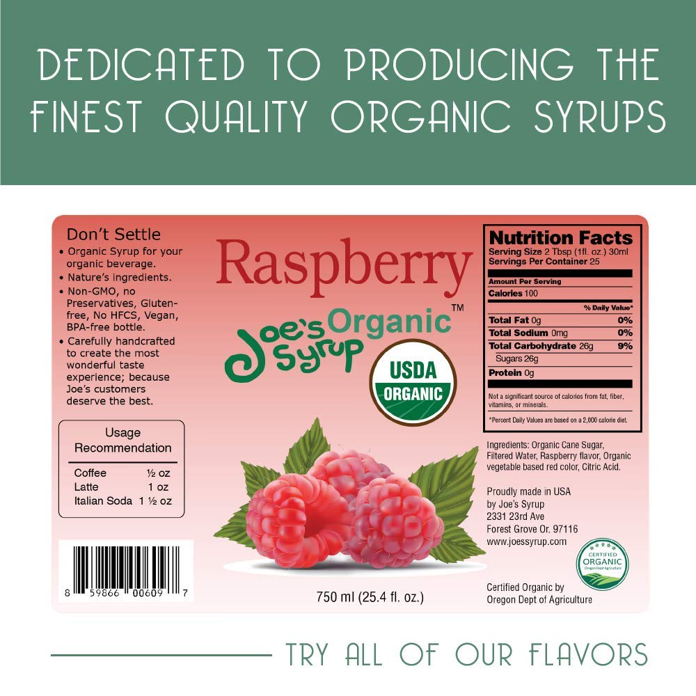 Joe’s Syrup Organic Flavored Syrup, Organic Strawberry, 750 ml | Vegan, gluten-free, Non-GMO, no HFCS; for cocktails & desserts