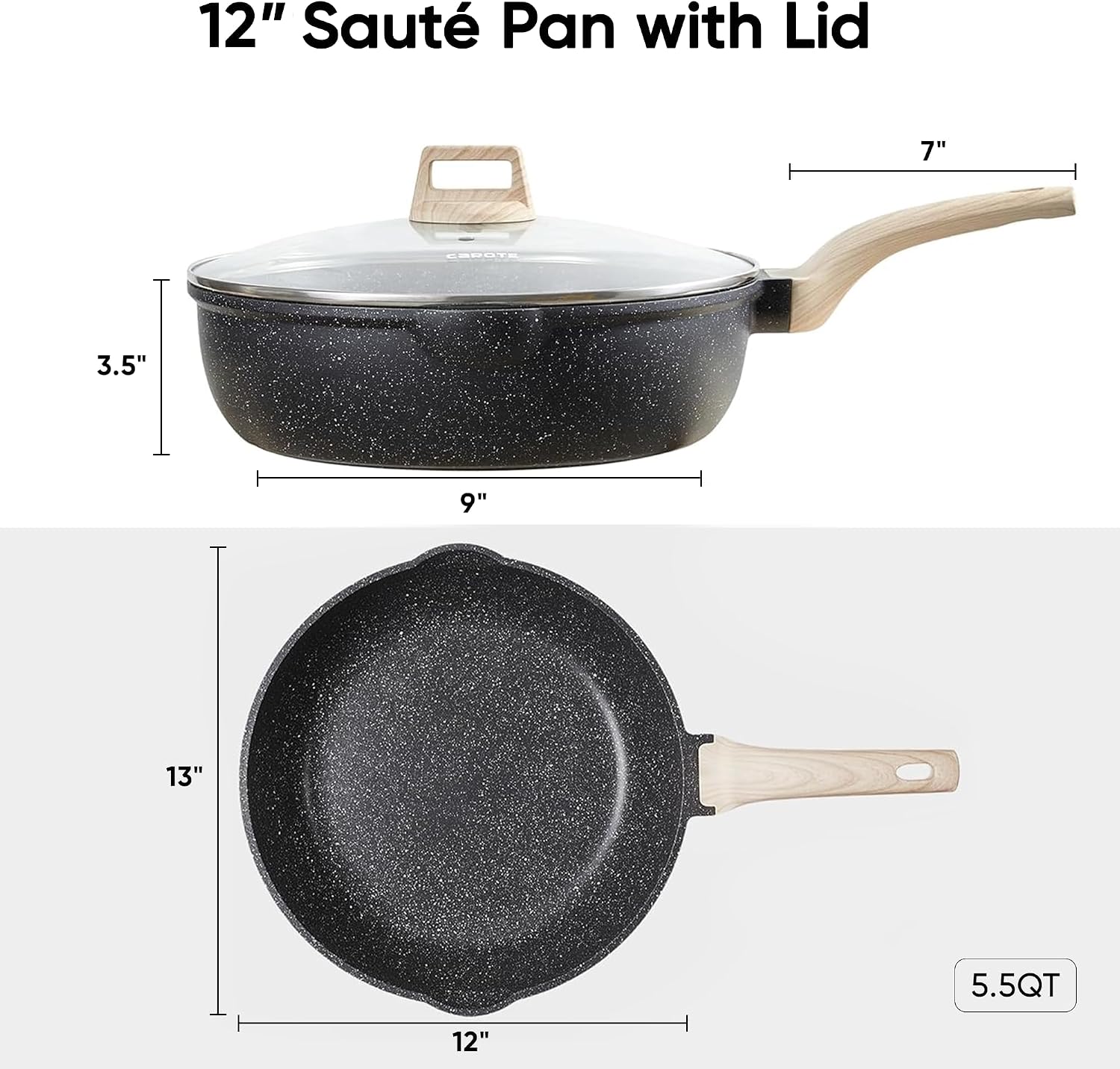 CAROTE 12 Inch Nonstick Deep Frying Pan with Lid, 5.5 Qt Black Granite | Kitchen Non-Toxic PFOA Free Cookware, Covered Sauté Pans All Stovetops Compatible, Easy to Clean