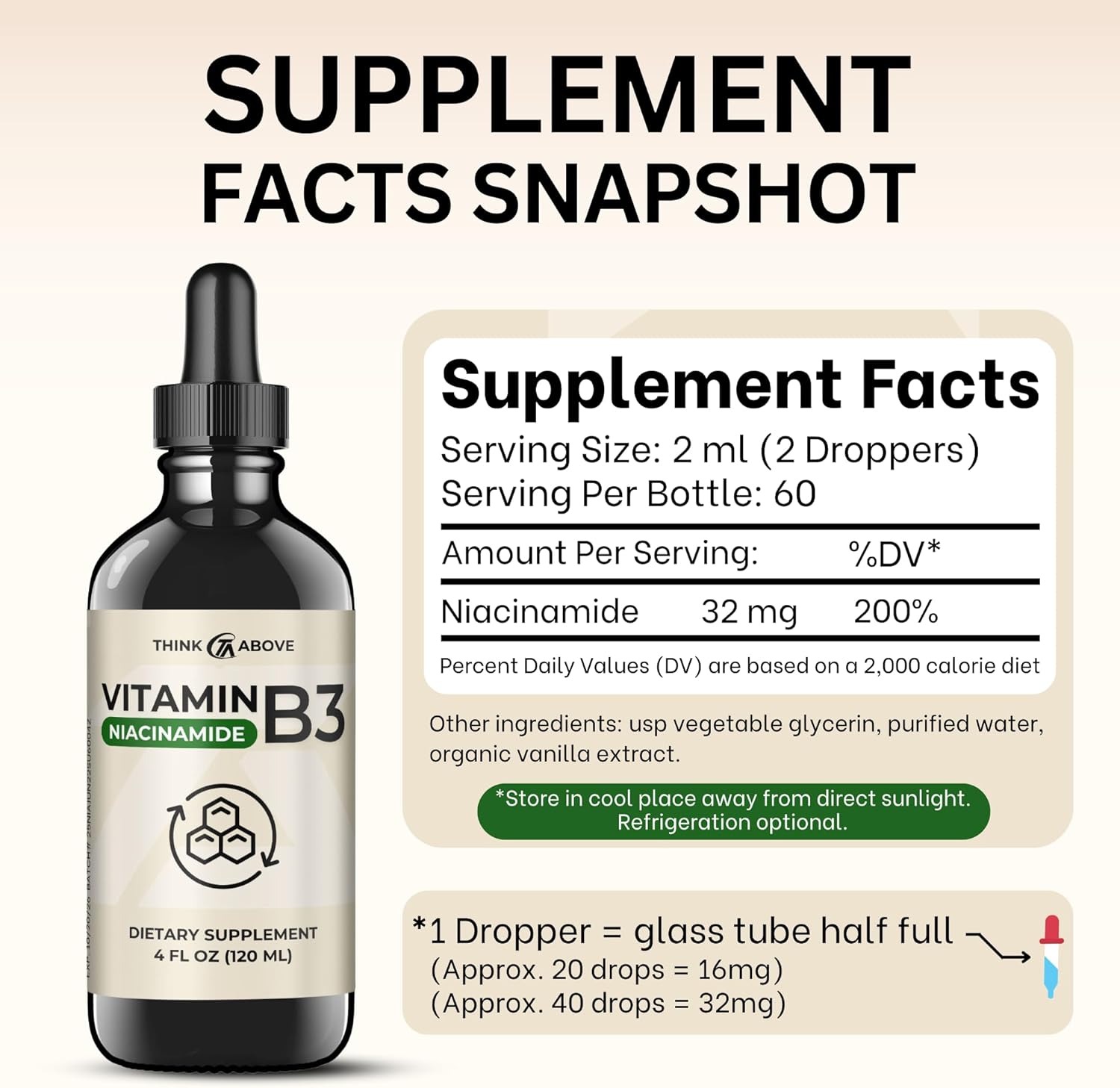 Think Above Vitamin B3 Niacinamide Liquid - Non Flush Form of B3 Niacin - Convenient Vitamin B3 Niacinamide Drops for Women and Men - Easy to