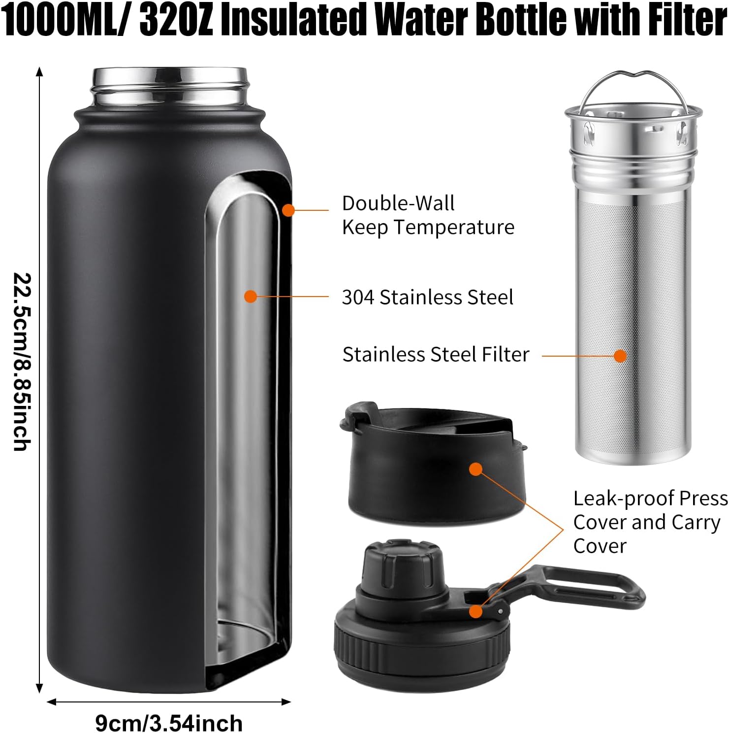 Sivaphe Tea Infuser Bottle With Removable Loose Leaf Tea Strainer Cup 18/8 Stainless Steel Portable Insulated Travel Tea Tumbler Black