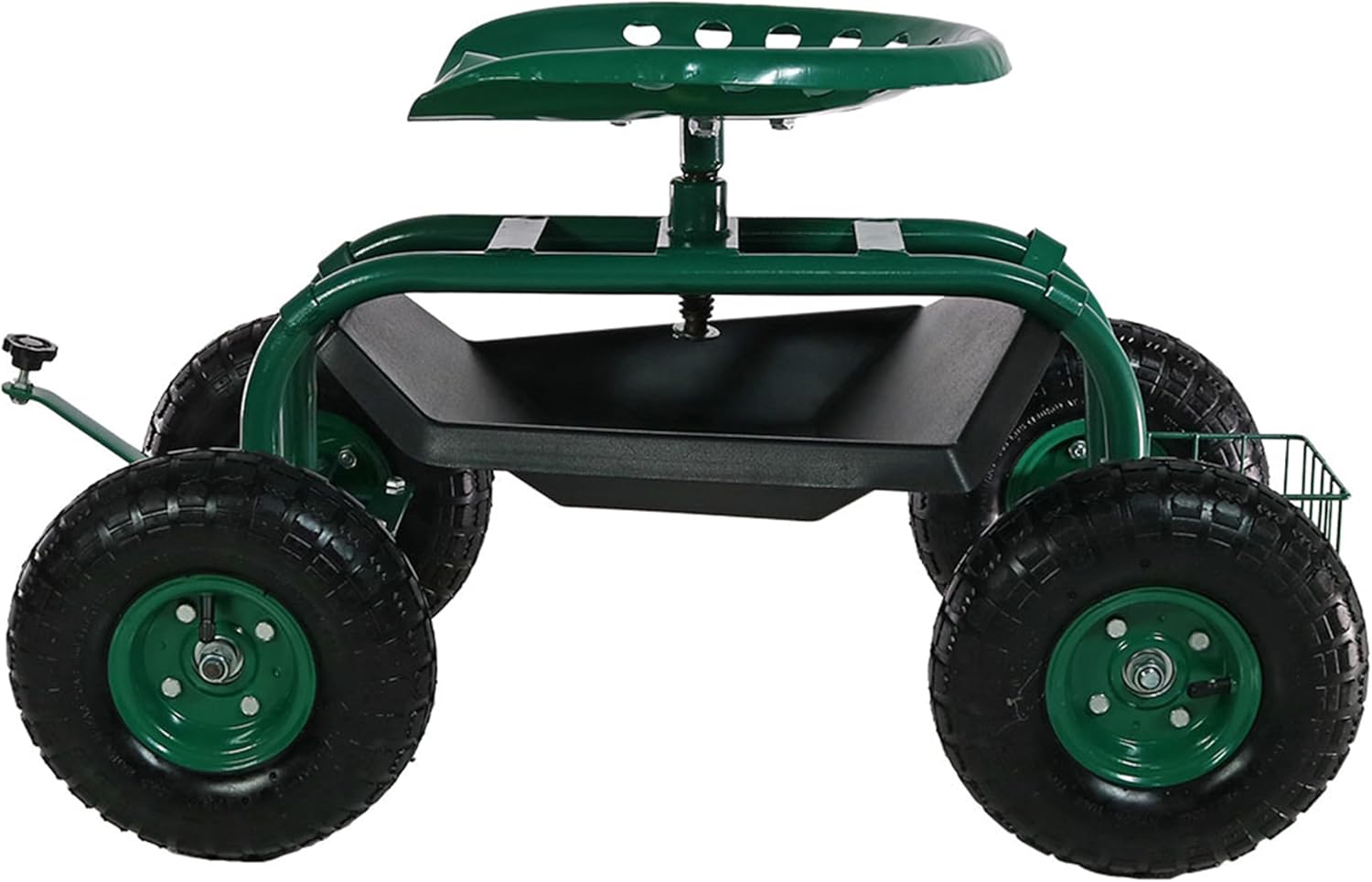 Sunnydaze Rolling Garden Cart with Seat - Garden Stool with Wheels and Adjustable 360-Degree Swivel Seat - Utility Tool Tray and Storage Basket - Green