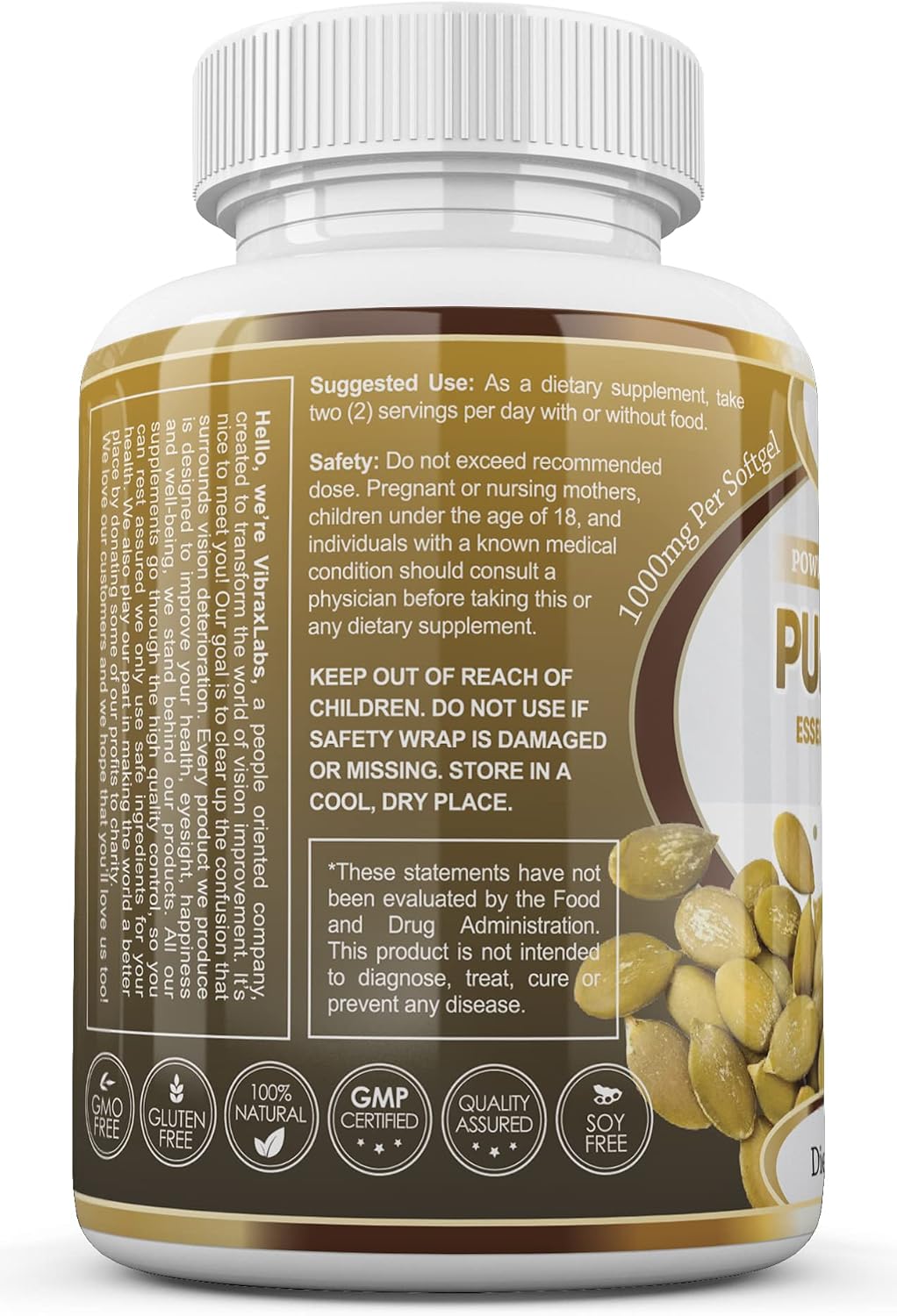 vibraxlabs Pumpkin Seed Oil - 100% Cold Pressed Pure 1000mg Extraction - Best for Hair Growth, Younger Looking Skin & Face, Bladder Control Supplement