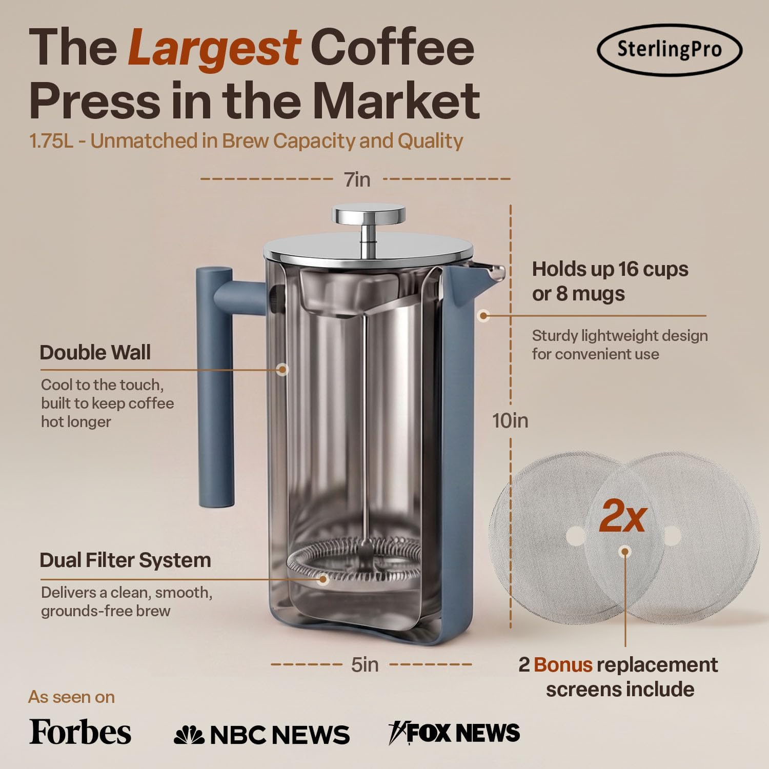 SterlingPro Large Insulated Stainless Steel French Press Coffee Maker 51oz Capacity (44 oz Brew Yield) – Double Wall Metal Coffee Press | Plastic Free | Cool-Touch | Mirror Finish | 12 Cups / 6 Mugs