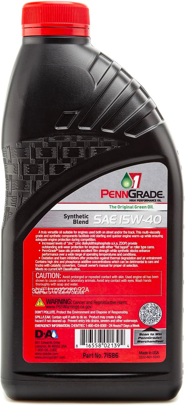 PENN GRADE 1 Synthetic Blend High Performance Oil SAE 15W-40 (1, Quart)