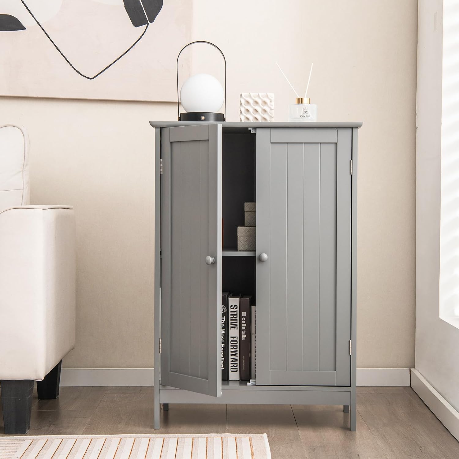 GLACER Bathroom Floor Cabinet, Wooden Storage Cabinet (White)
