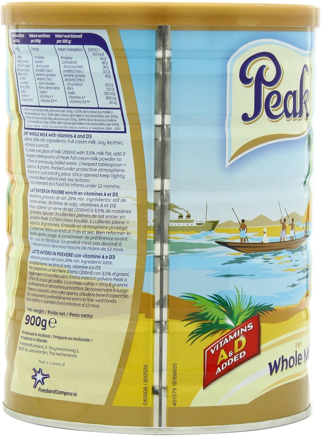 Peak Whole Milk Powder, 2 Pound (900g) Can - European Milk from Holland, rBST Free, Full Rich Flavor, Dissolves Instantly, Long Shelf Life