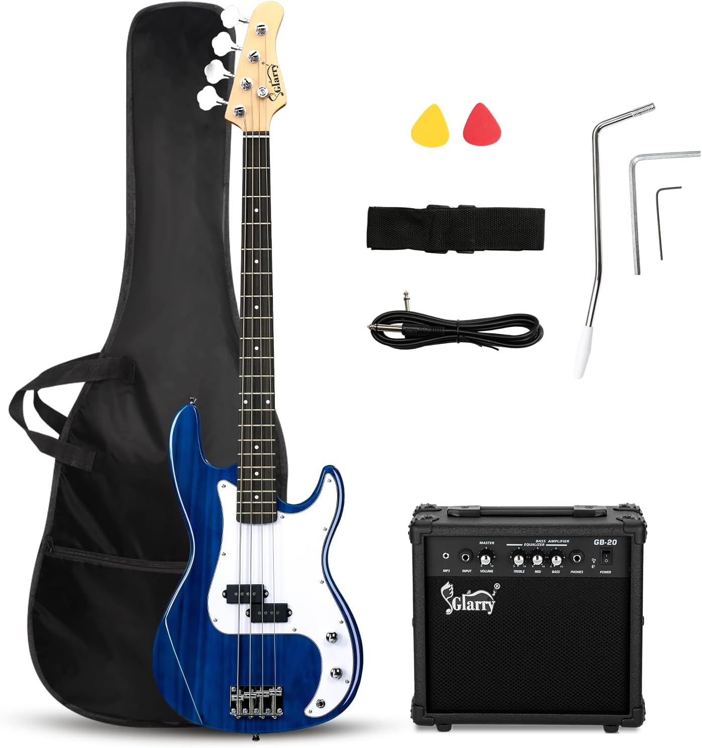 GLARRY Full Size Electric Bass Guitar Beginner Kit 4 String Exquisite Basswood Bass with 20W AMP, Cable, Strap, Bag and Accessories (Transparent Blue, 39"Right Handed)