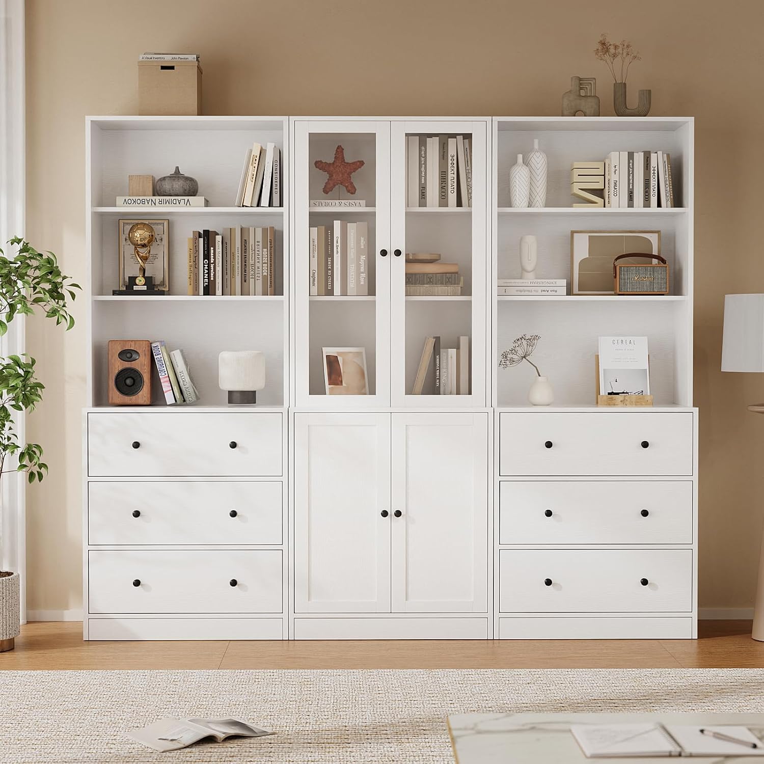 TUSY 71" H Bookcase with Storage | 6-Tier Modern Bookshelf with Drawers, Display Bookcase with Glass Doors, White Curio Cabinet for Home Office, Living Room