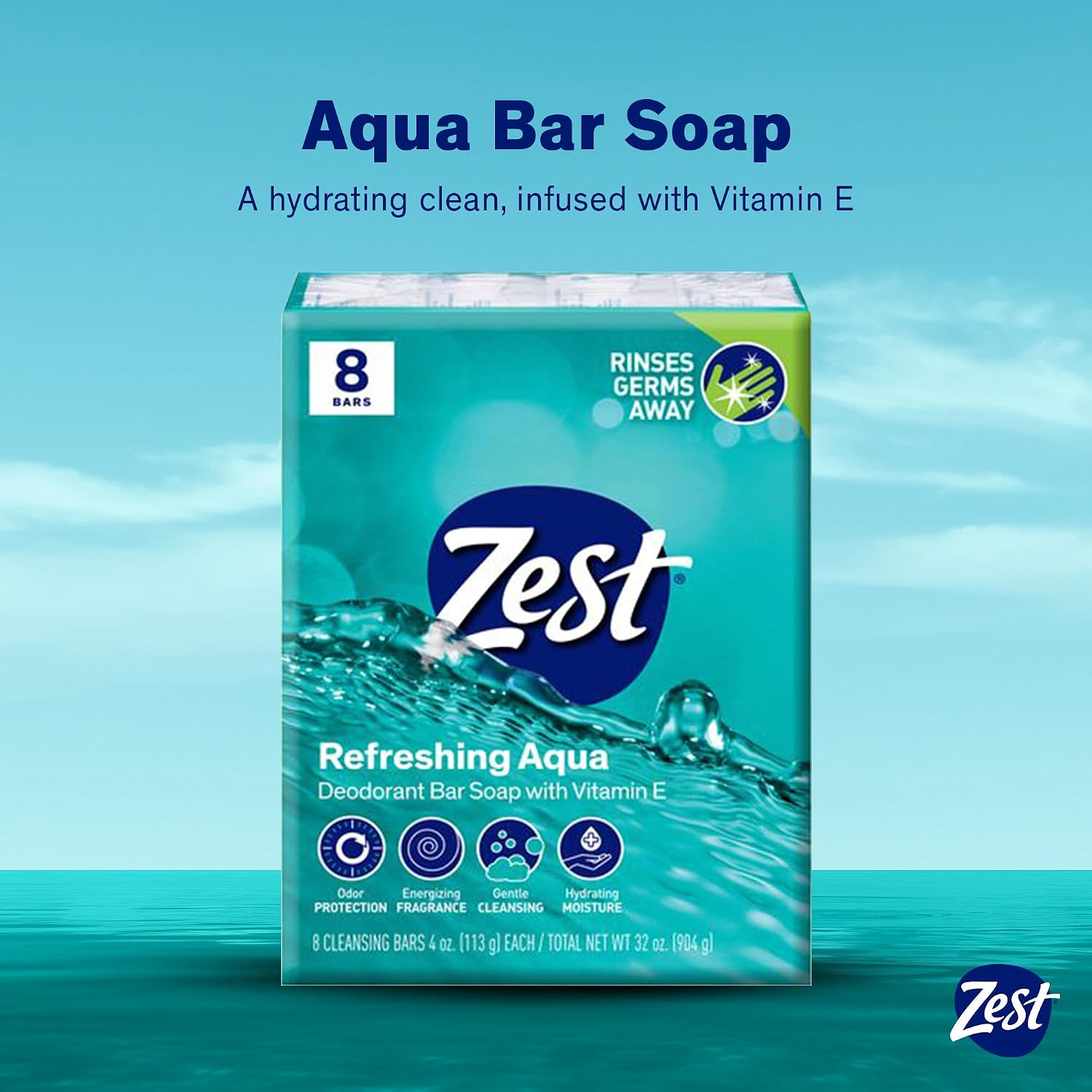Zest 8-Bar Bath Size Soap, Aqua, 4 Ounce per bar, 8 bars, 32 Ounce