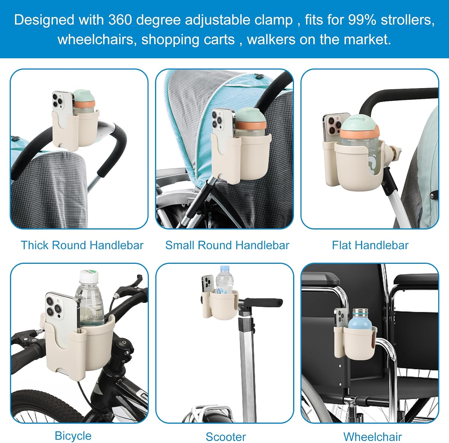 Accmor Stroller Cup Holder with Phone Holder, Bike Cup Holder, Universal Cup Holder for Uppababy Nuna Strollers, 2-in-1 Drinks Holder for Walker