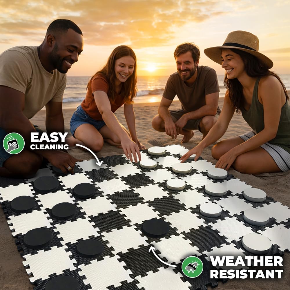 Swooc Games® - 2-in-1 Premium Giant Checkers & Tic Tac Toe Game (4ft x 4ft) - 100% High Density EVA Foam Mat & Pieces - Extra Large Checkers Set
